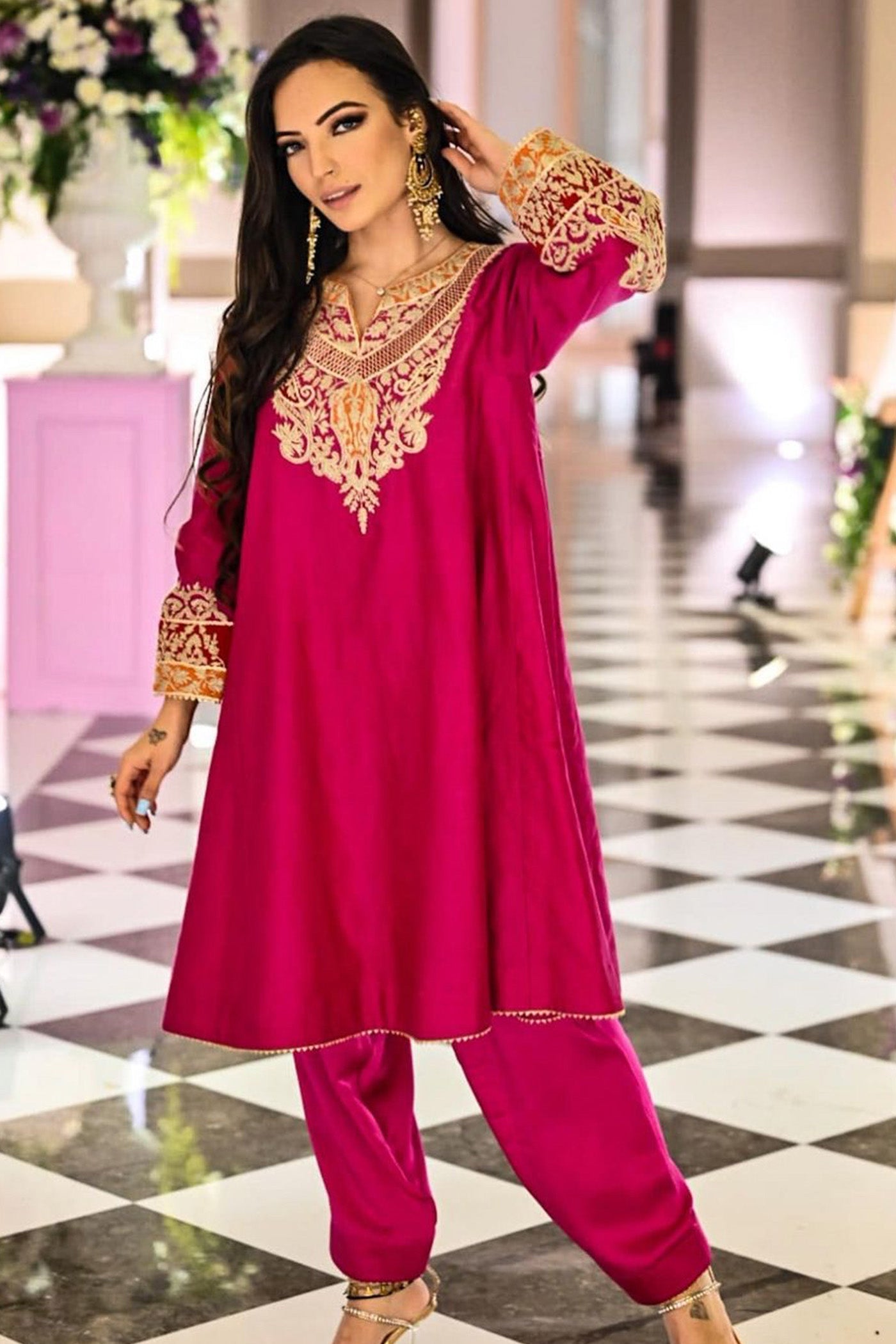 AHANA GHAI IN MEHRISH - HOTPINK SHORT KALIDAAR CHAUGA WITH SALWAR