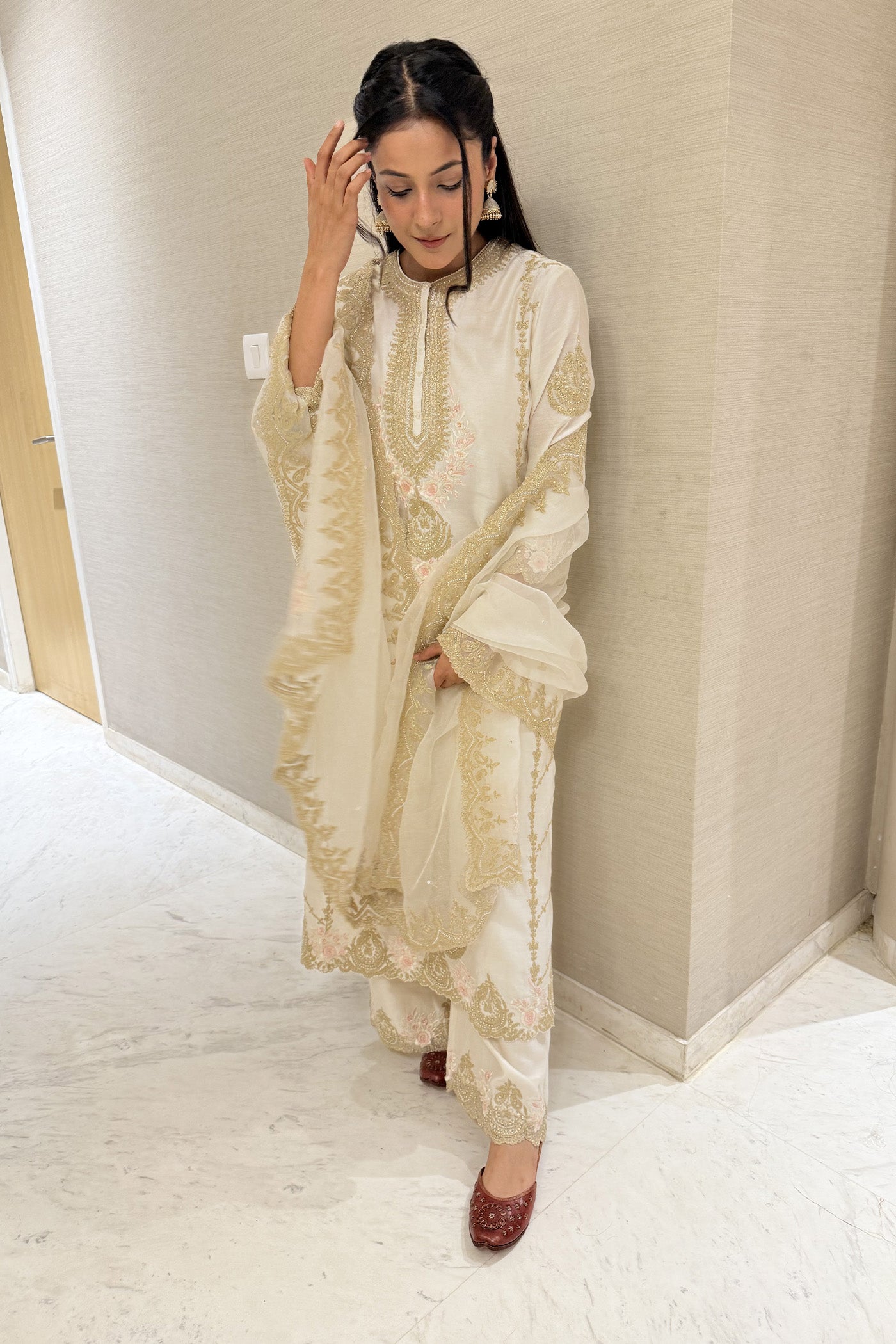 Shehnaaz Gill in Yusra - Daisy Ivory Long kurta with palazzo and dupatta