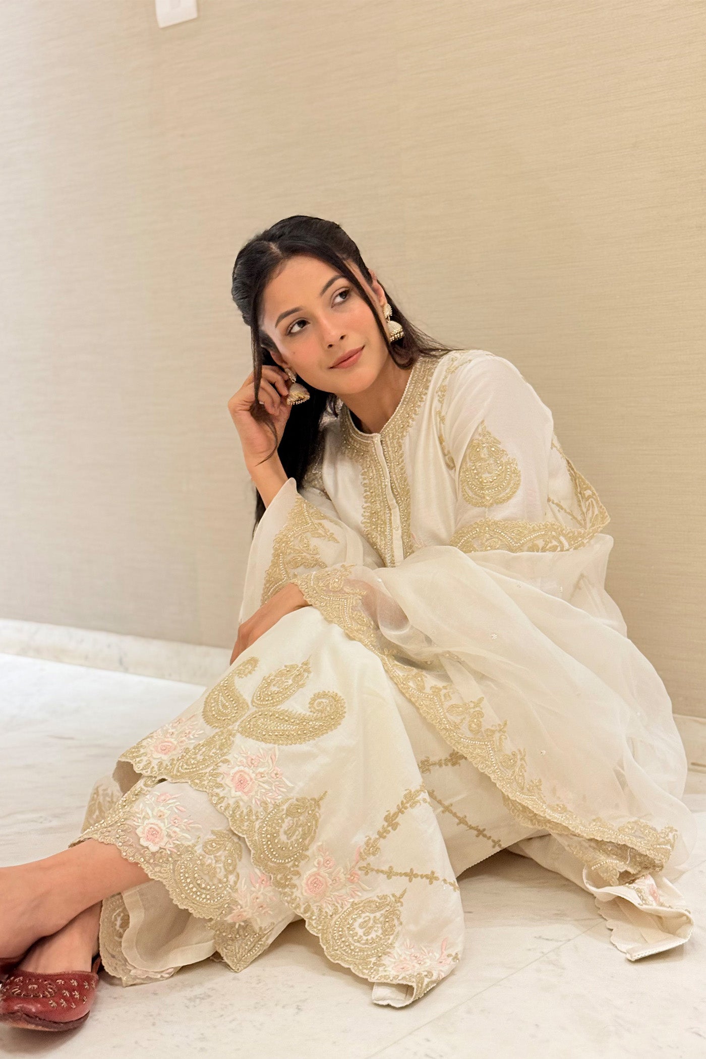 Shehnaaz Gill in Yusra - Daisy Ivory Long kurta with palazzo and dupatta