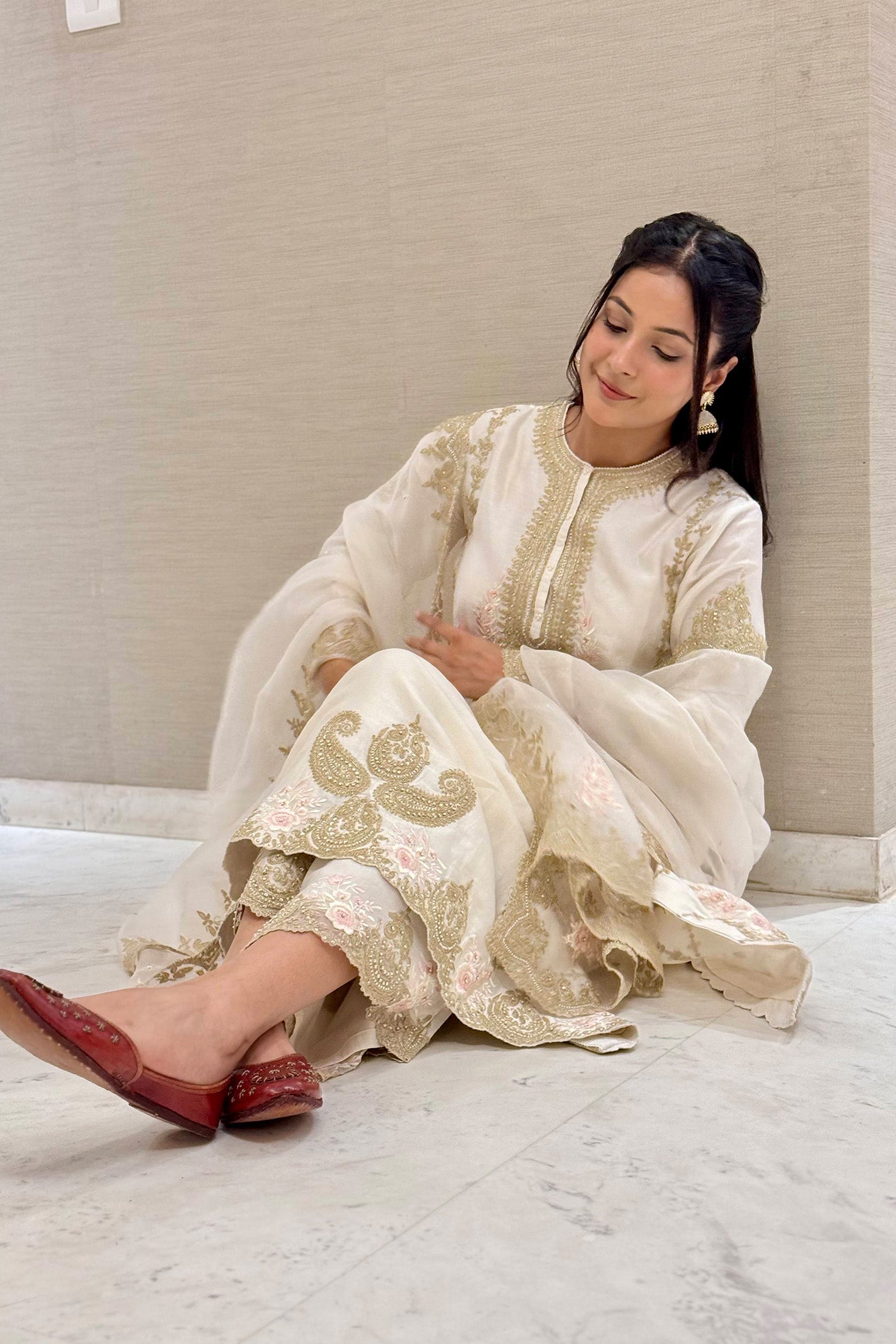 Shehnaaz Gill in Yusra - Daisy Ivory Long kurta with palazzo and dupatta