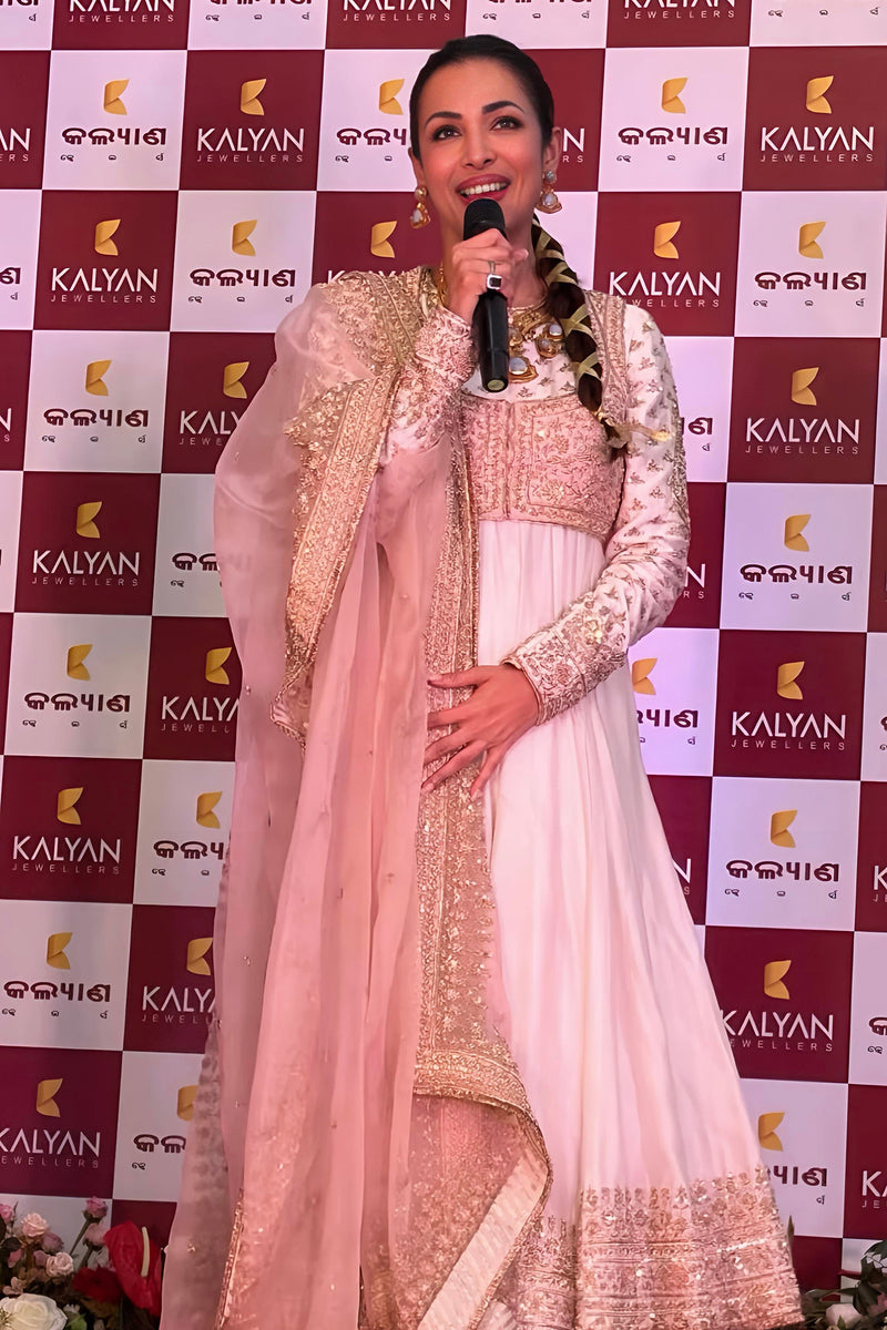 Malaika Arora In Noor - Dabka Zardozi Embroidered Chanderi Silk Daisy Ivory Anarkali Set