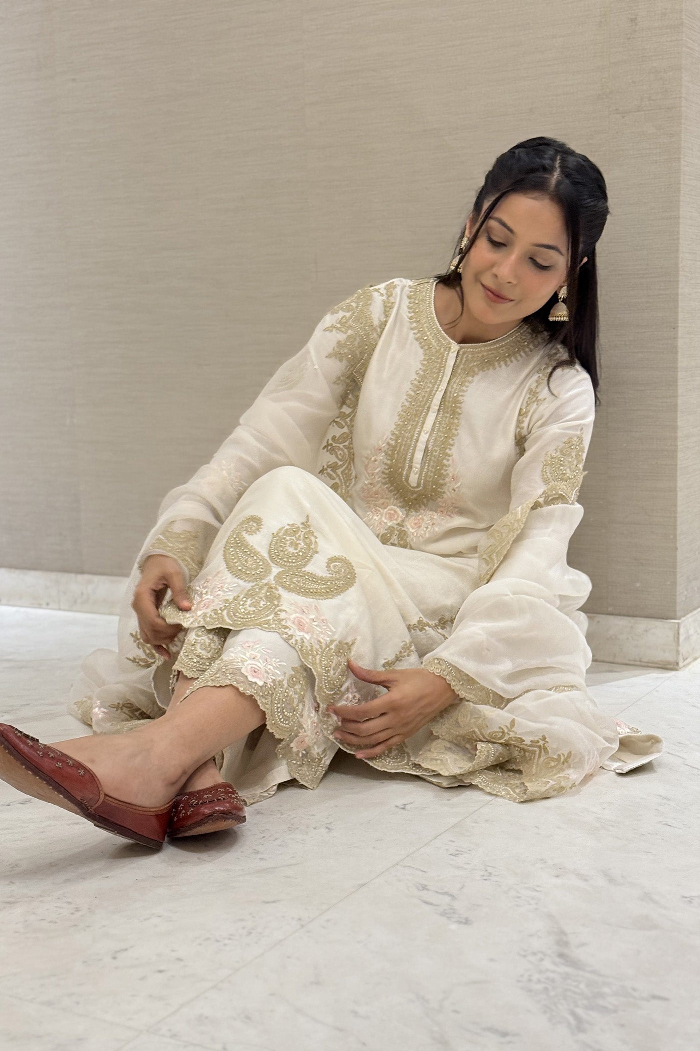 Shehnaaz Gill in Yusra - Daisy Ivory Long kurta with palazzo and dupatta