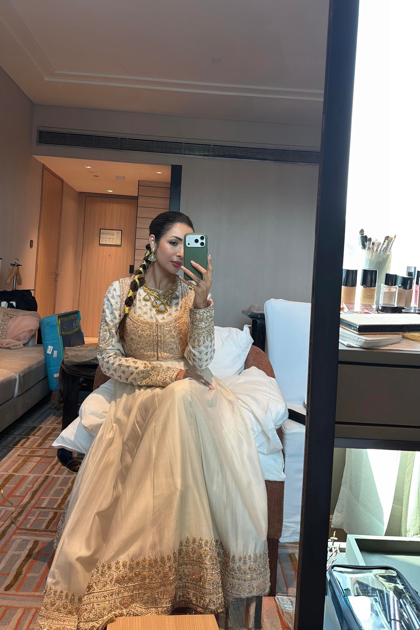 Malaika Arora In Noor - Dabka Zardozi Embroidered Chanderi Silk Daisy Ivory Anarkali Set