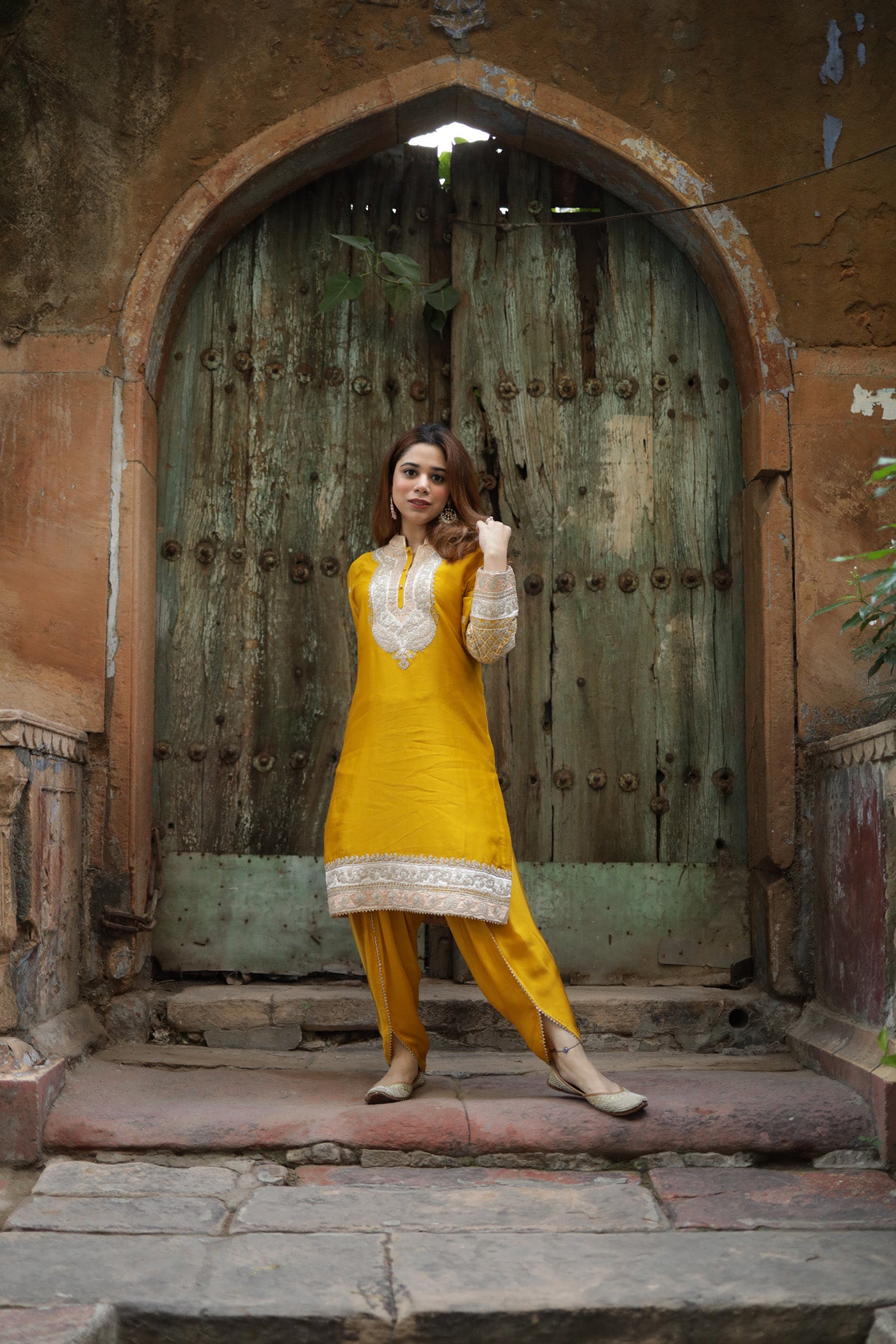 TARINI BHATIA IN MYREEN - GLAZE MUSTARD KURTA WITH DHOTI