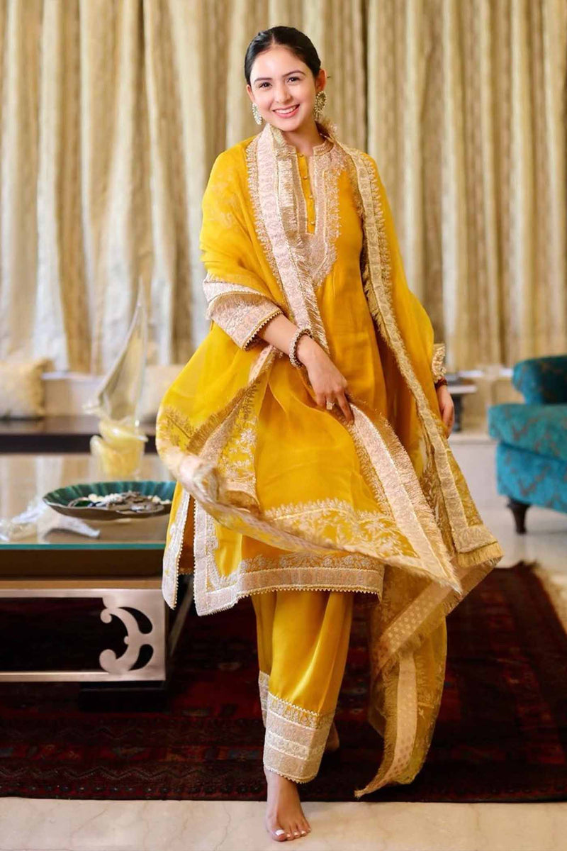 Samridhi Dhillon IN RESHAM - Glaze Mustard SHORT KURTA WITH SALWAR AND DUPATTA