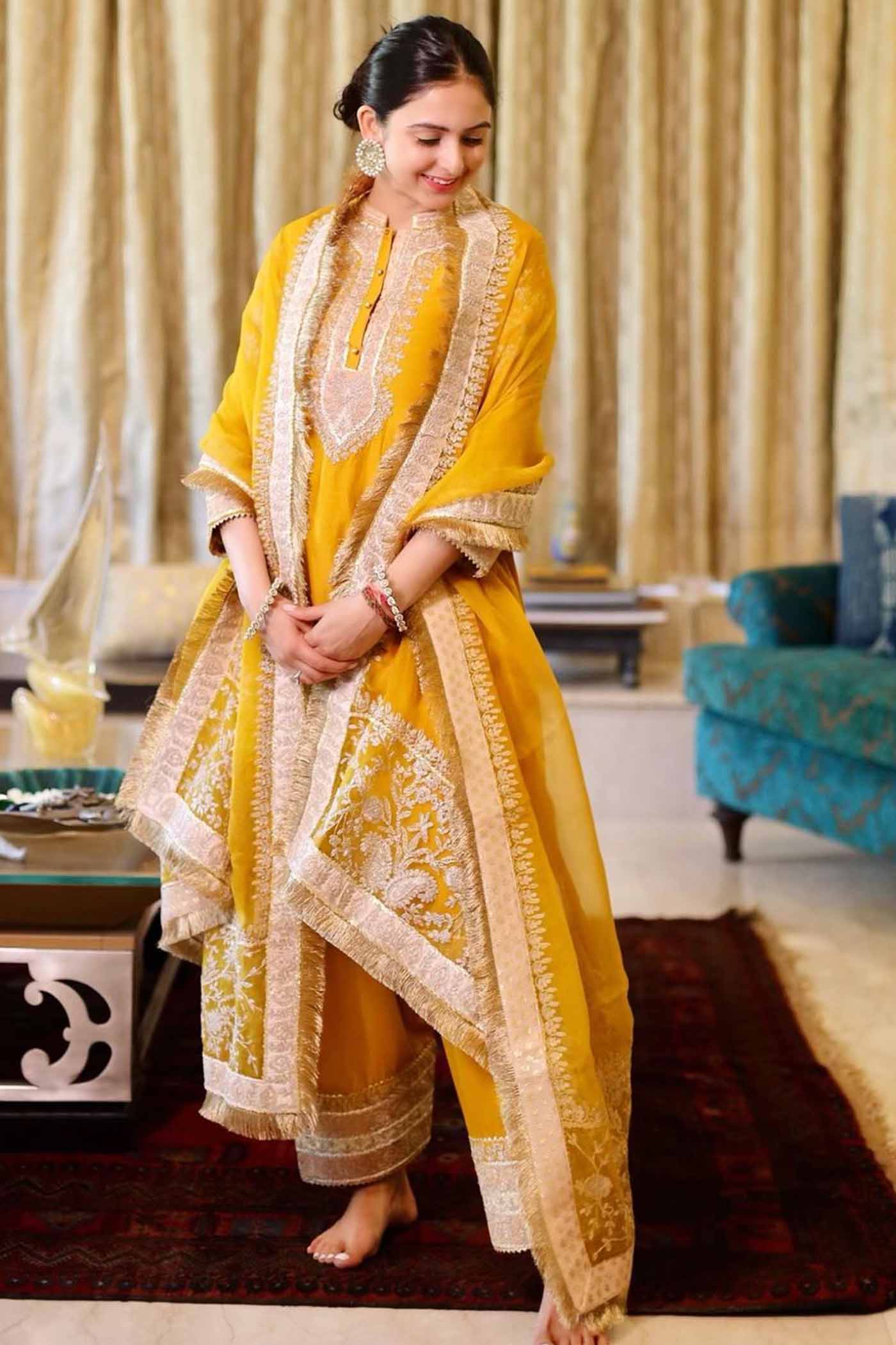 Samridhi Dhillon IN RESHAM - GLAZE MUSTARD SHORT KURTA WITH SALWAR AND DUPATTA