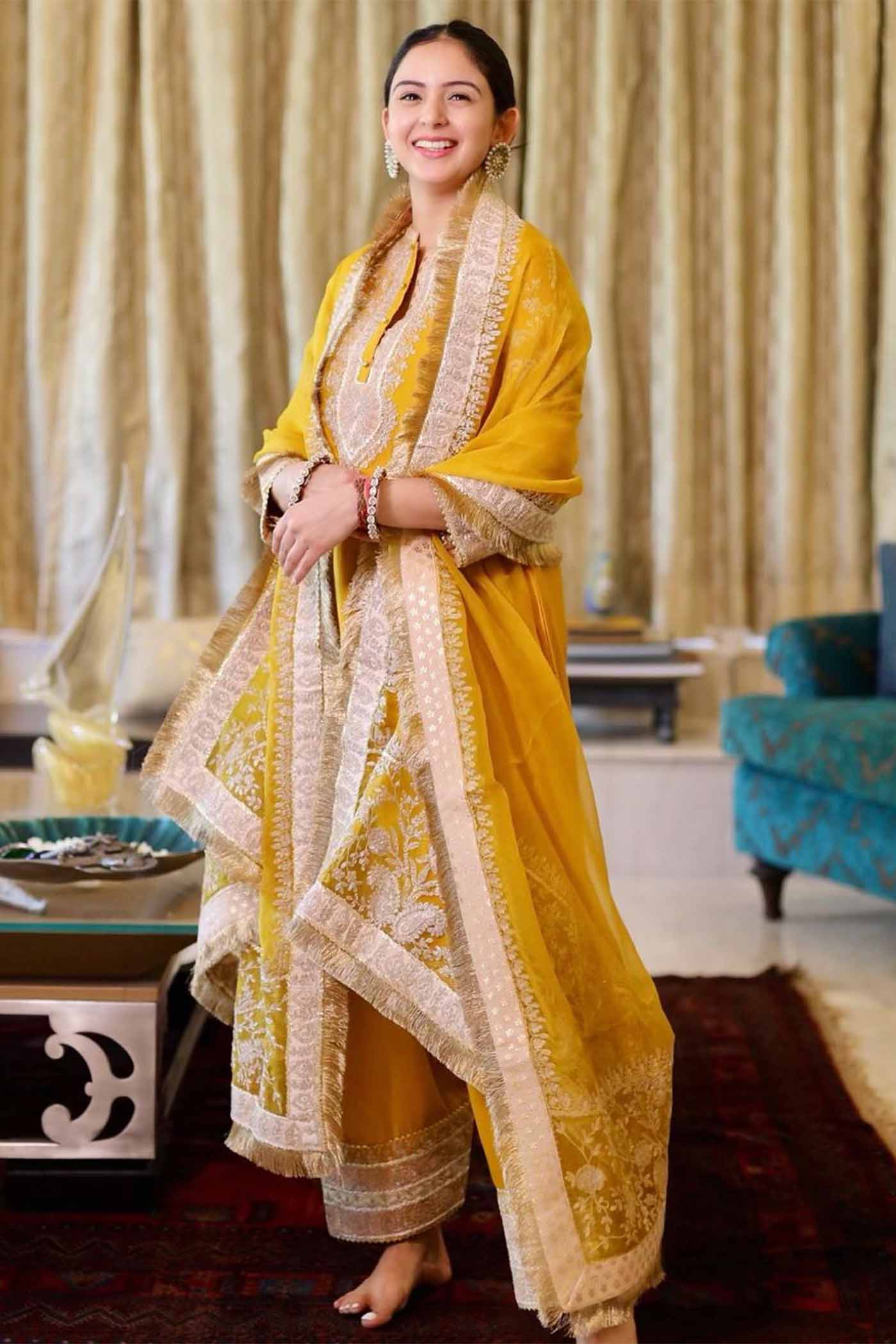 Samridhi Dhillon IN RESHAM - GLAZE MUSTARD SHORT KURTA WITH SALWAR AND DUPATTA