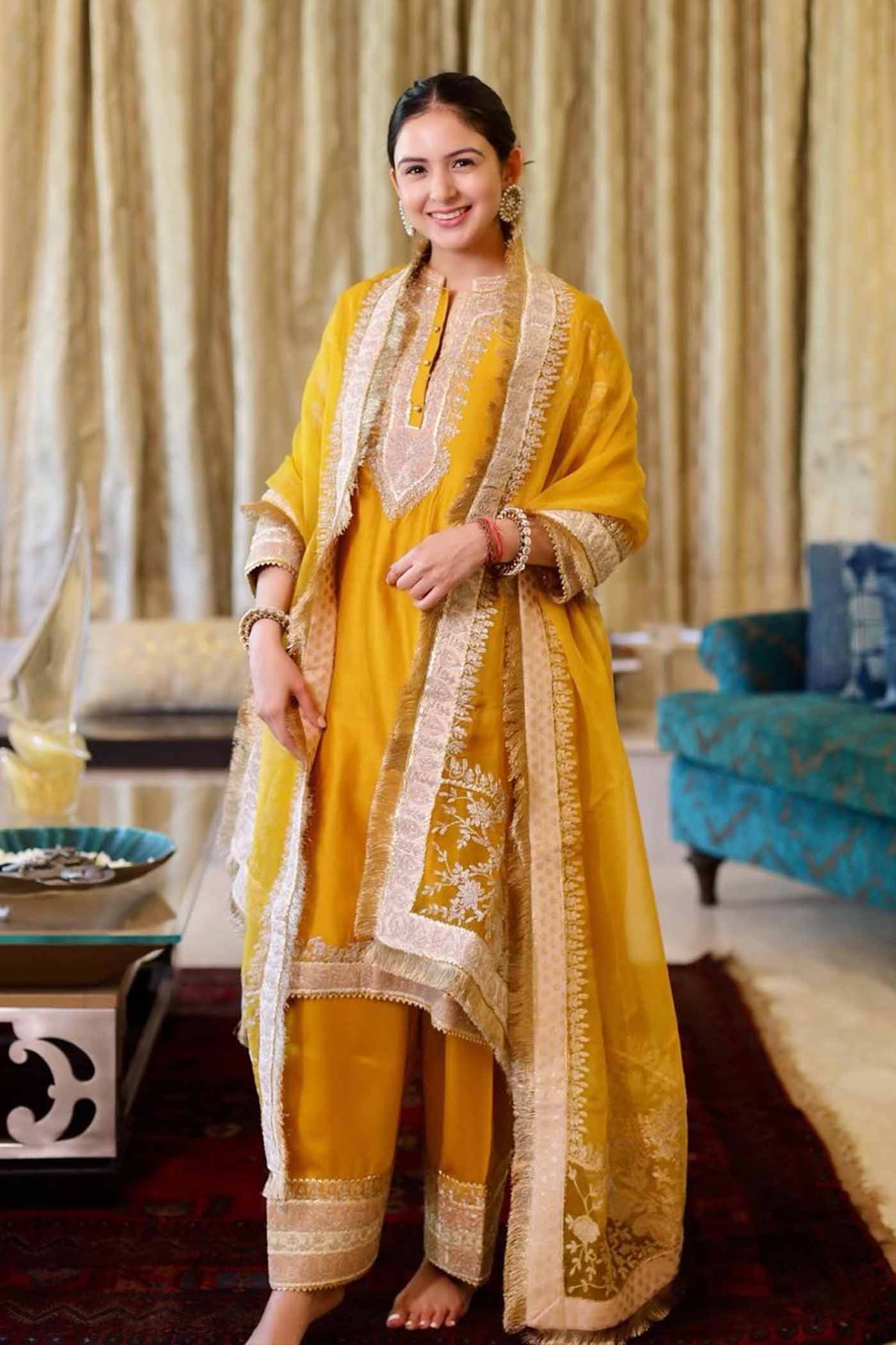 Samridhi Dhillon IN RESHAM - GLAZE MUSTARD SHORT KURTA WITH SALWAR AND DUPATTA