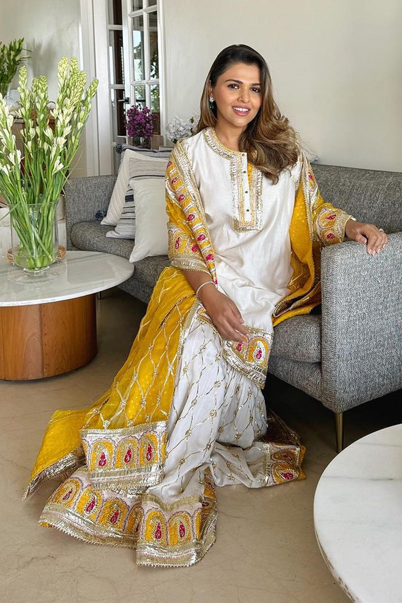 Tina Kakkad in Shabina- Daisy Ivory  short kurta with garara and dupatta