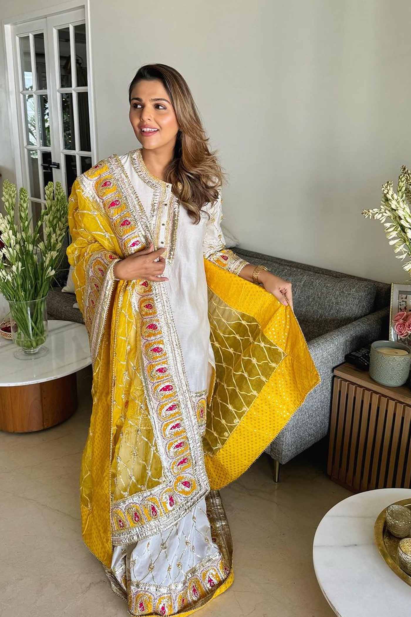 Tina Kakkad In Shabina- Daisy Ivory  short kurta with garara and dupatta