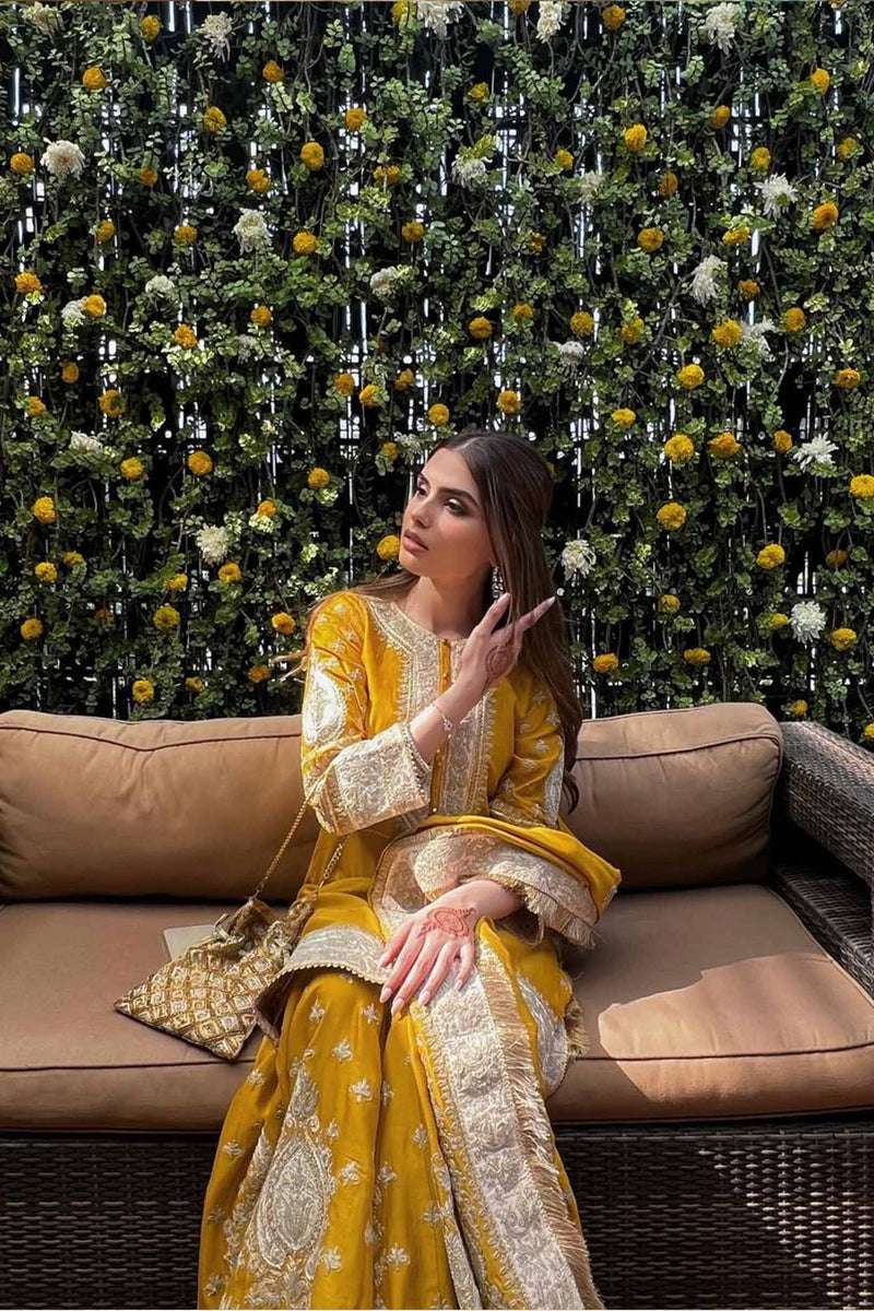 Muskan Chanana In RAINA - Glaze Mustard SHORT KURTA WITH SHARARA AND ODHNI