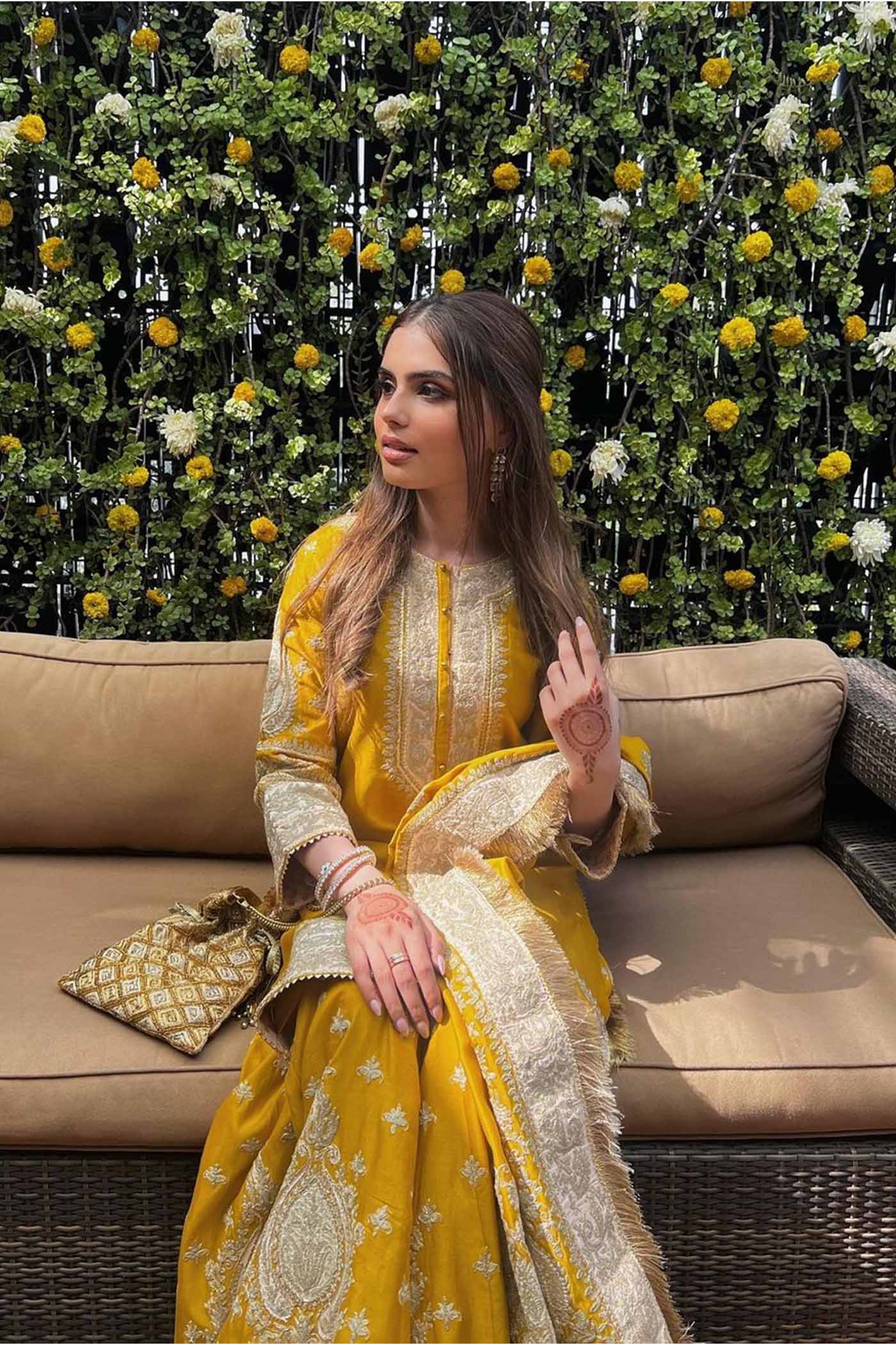 Muskan Chanana In RAINA - GLAZE MUSTARD SHORT KURTA WITH SHARARA AND ODHNI