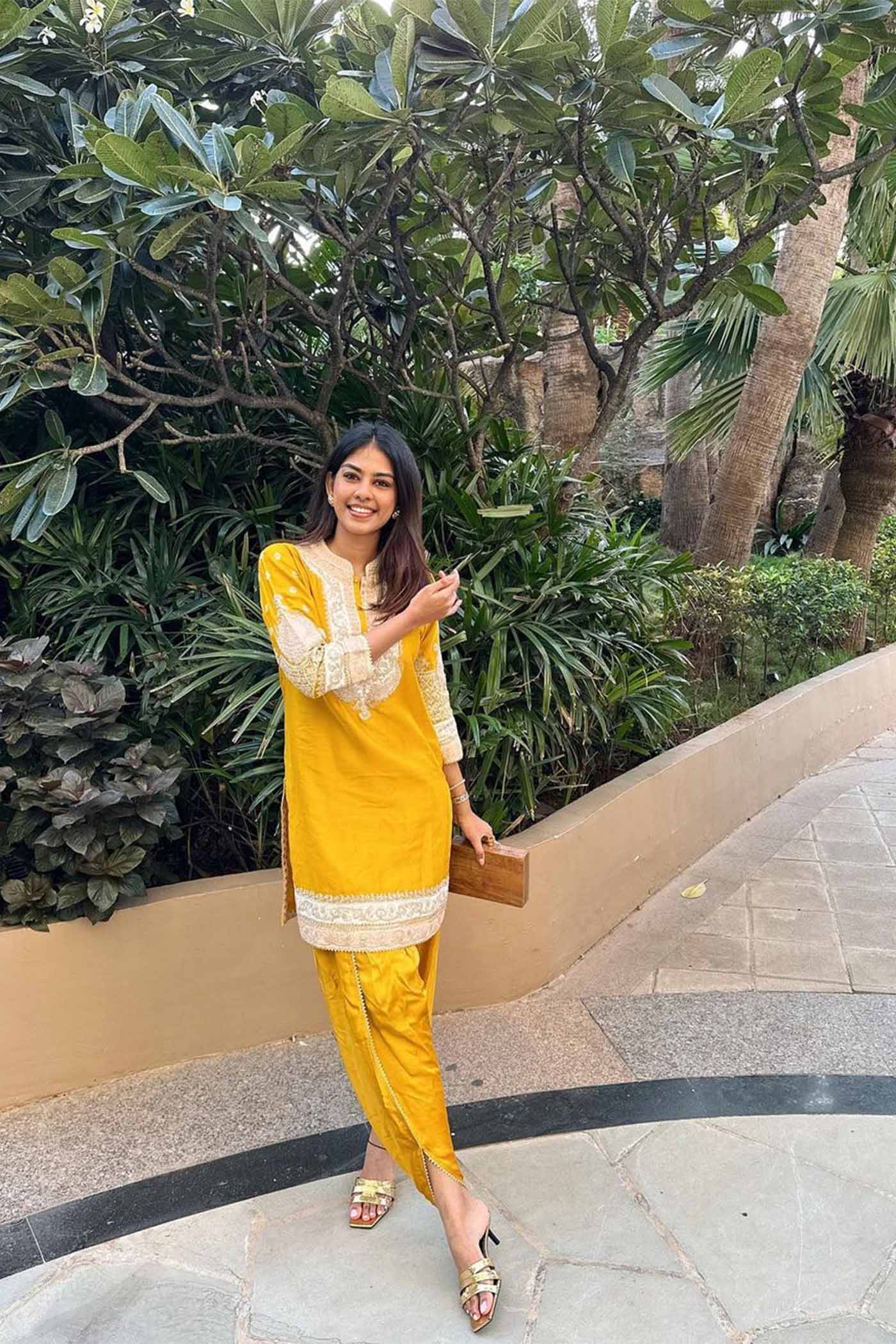 Divya Boppana In MYREEN - GLAZE MUSTARD KURTA WITH DHOTI