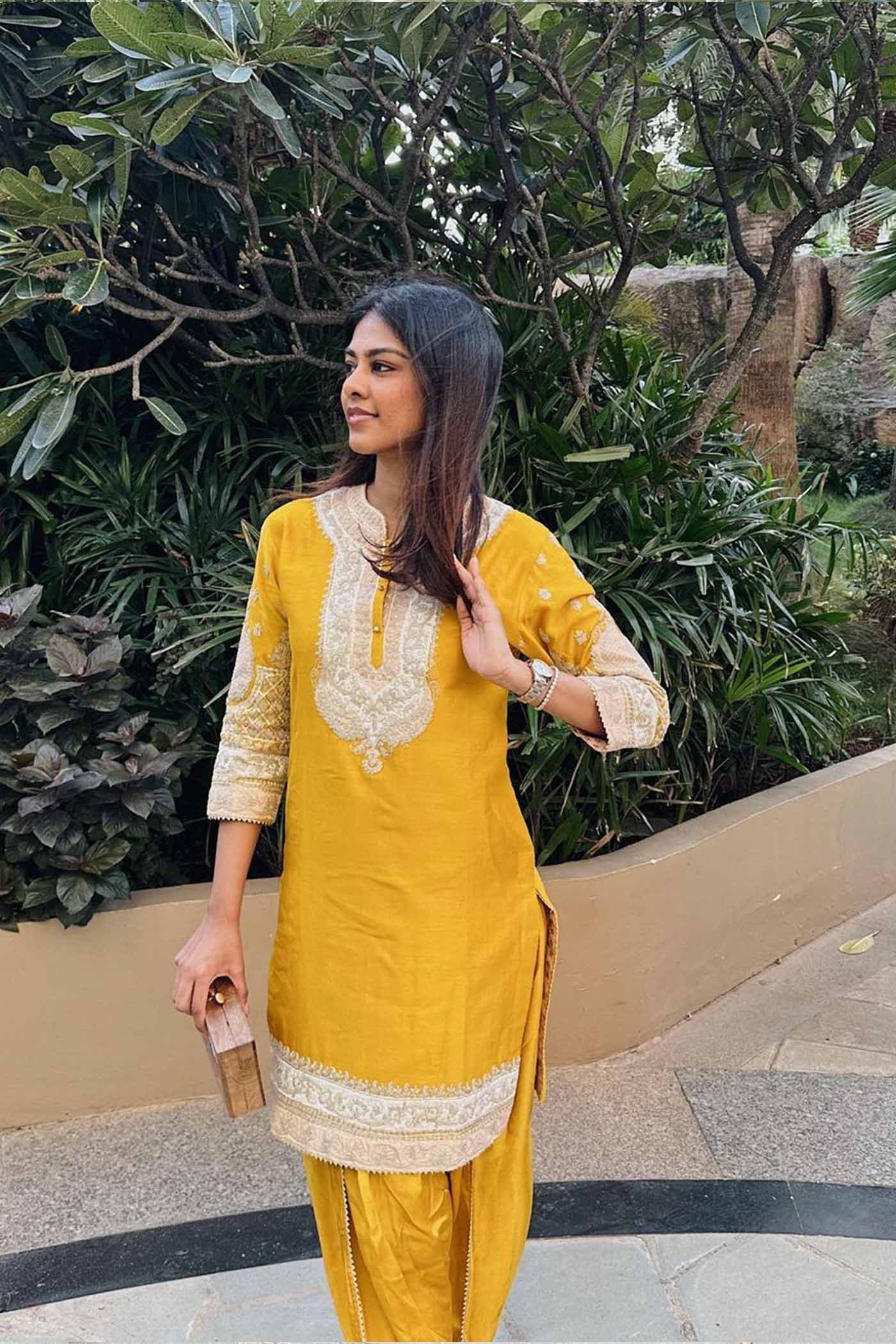 Divya Boppana In MYREEN - GLAZE MUSTARD KURTA WITH DHOTI