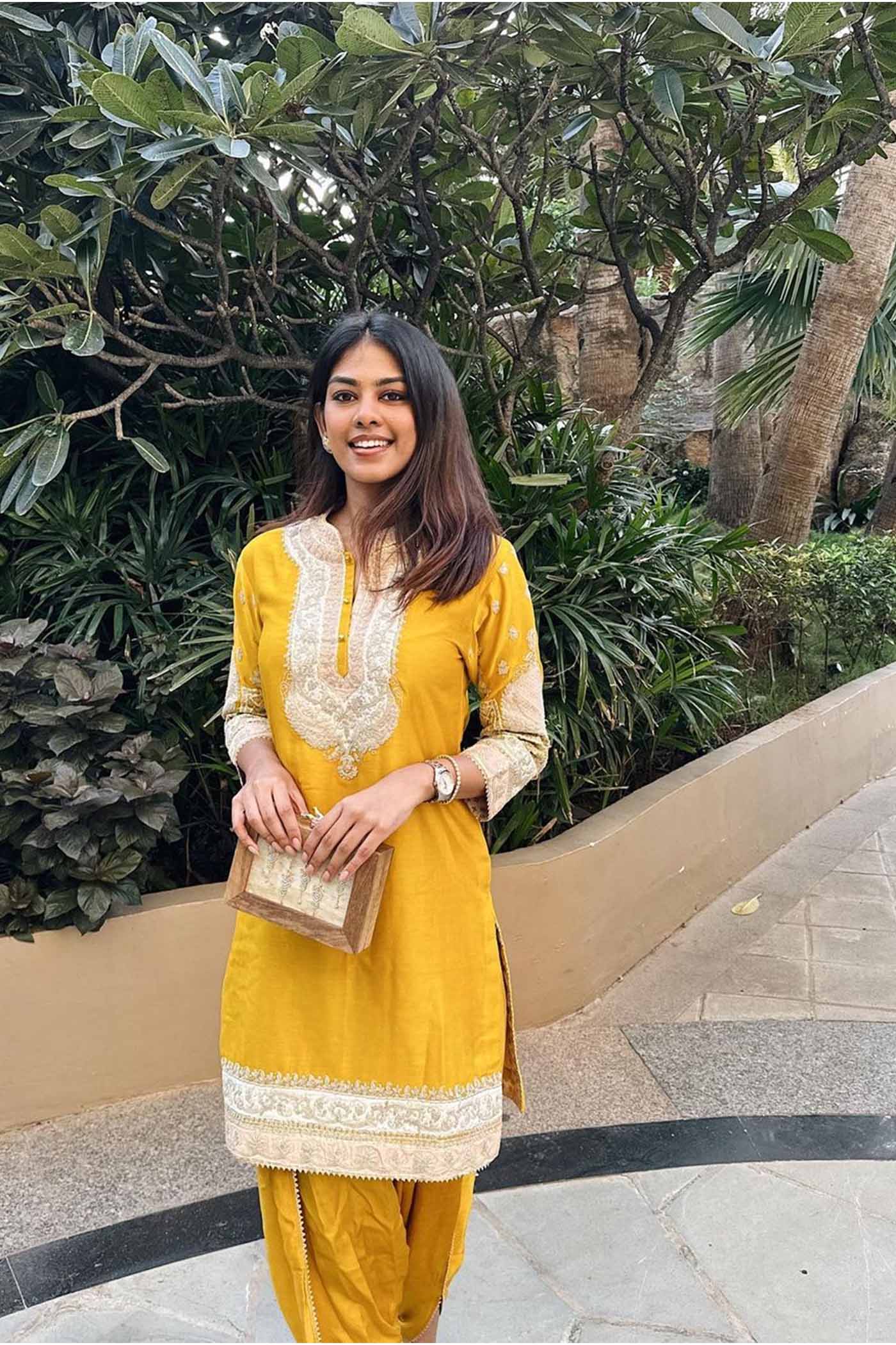 Divya Boppana In MYREEN - GLAZE MUSTARD KURTA WITH DHOTI