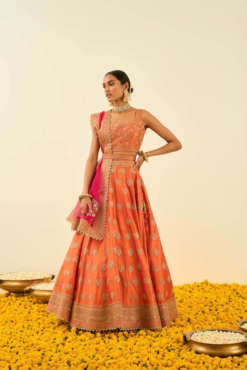 Mahira Burnt Orange Kashmiri tilla lehenga with blouse and dupatta