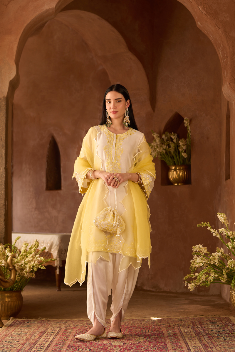 NYRA - DAISY IVORY WITH LEMON YELLOW SHORT KURTA AND DHOTI