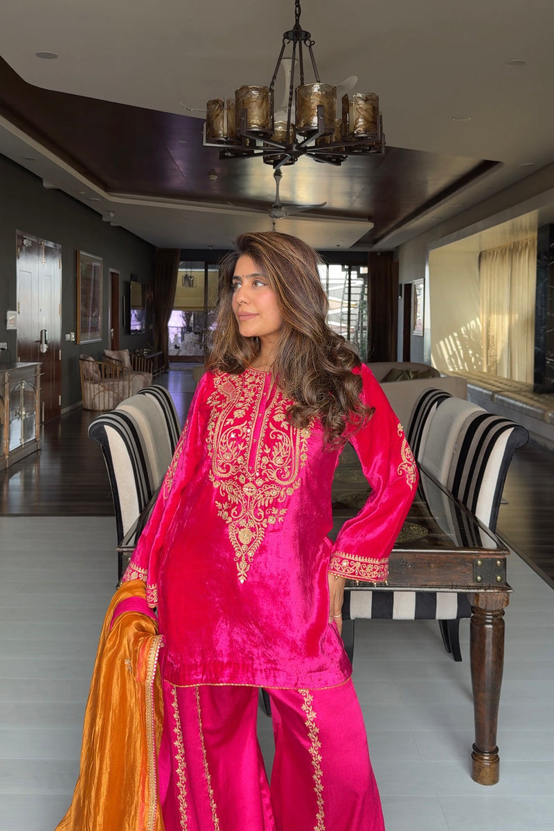 Mehel Kejriwal In Aroob - Silk Velvet Rani Hotpink Kurta with Sharara and Dupatta
