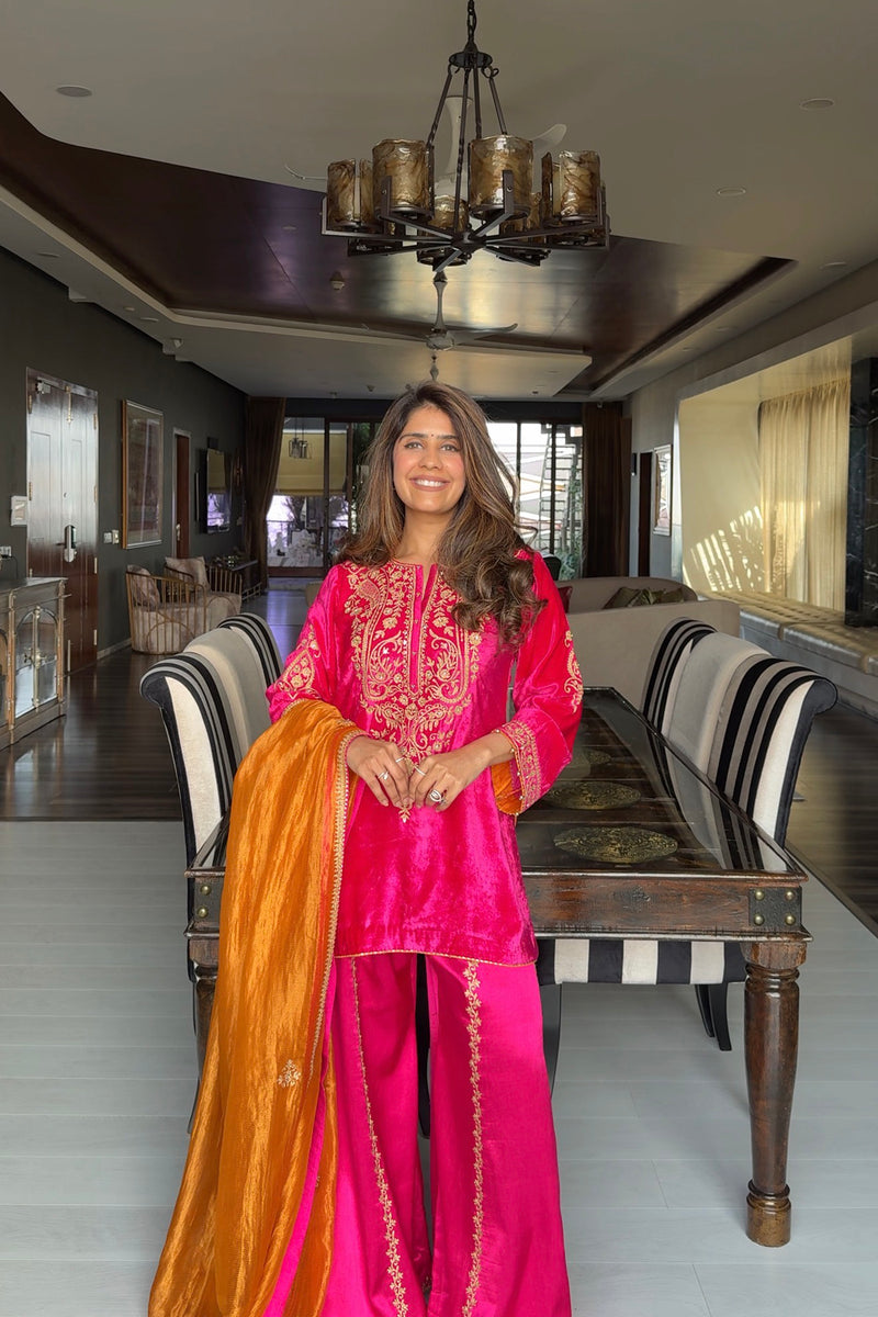 Mehel Kejriwal In Aroob - Silk Velvet Rani Hotpink Kurta with Sharara and Dupatta