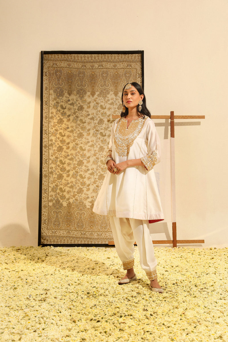 Fayaaz - Daisy Ivory Hand Embroidered Short Choga with Salwar