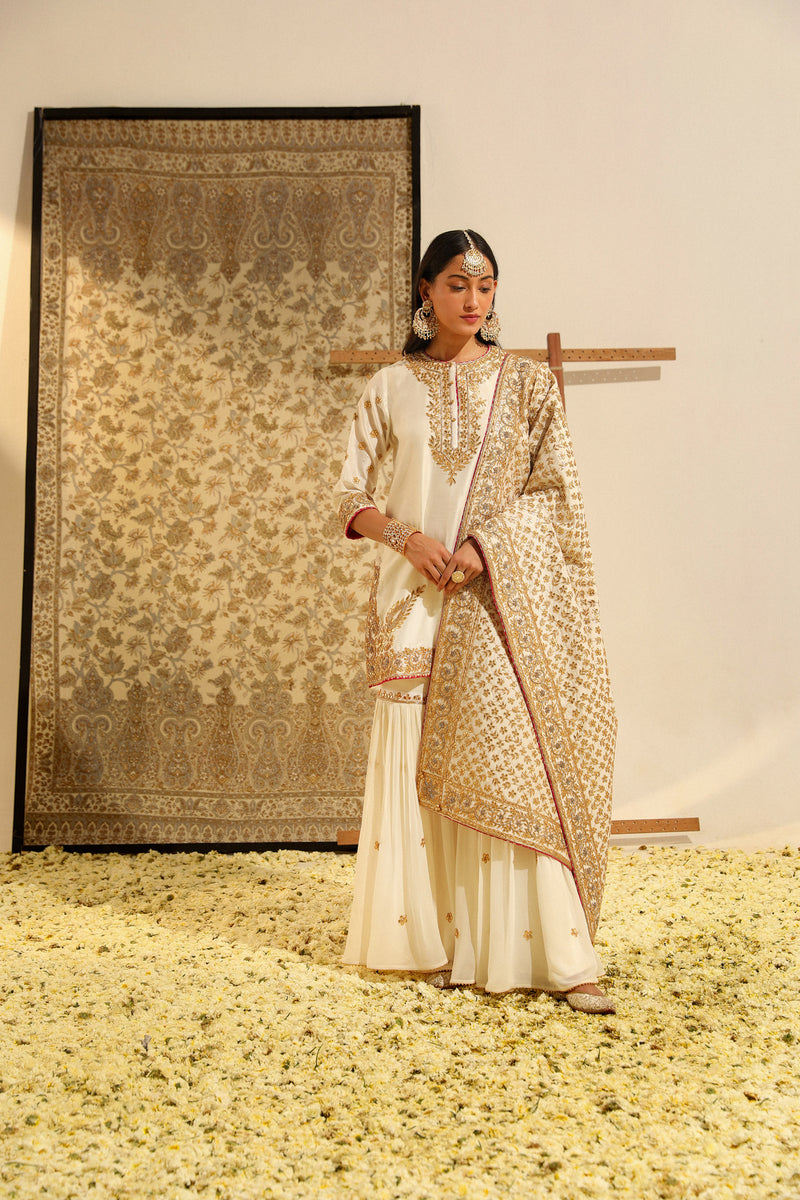 Shamshul - Daisy Ivory Hand Embroidered Kurta with Garara and Odhni