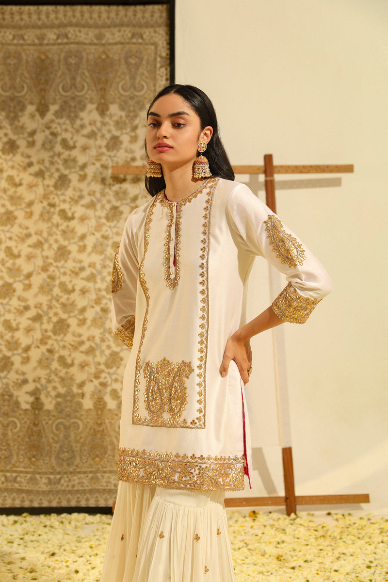 Siraj - Daisy Ivory Hand Embroidered Kurta with Garara and Odhni