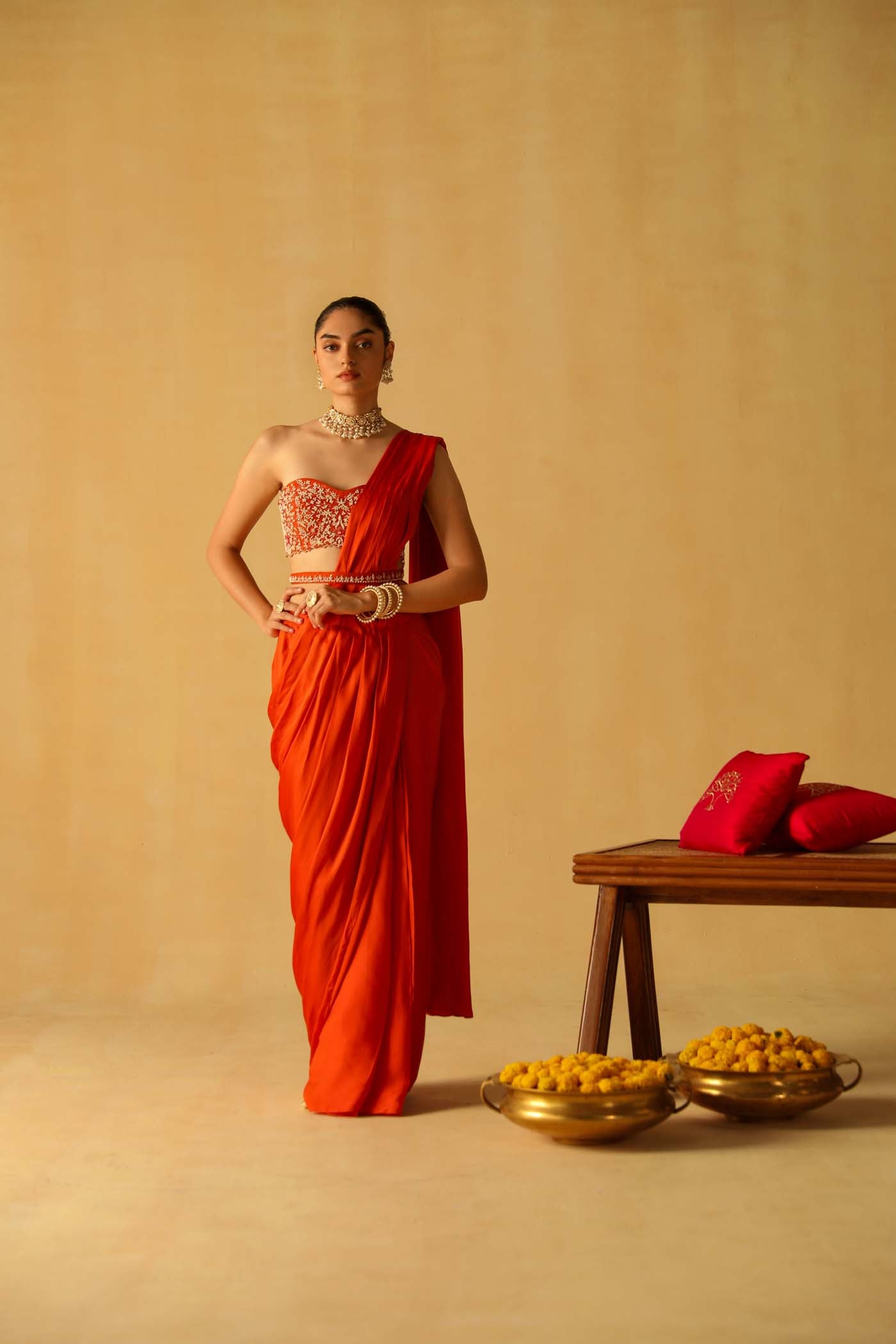 Rumaan - Burnt Orange Drape Saree Set