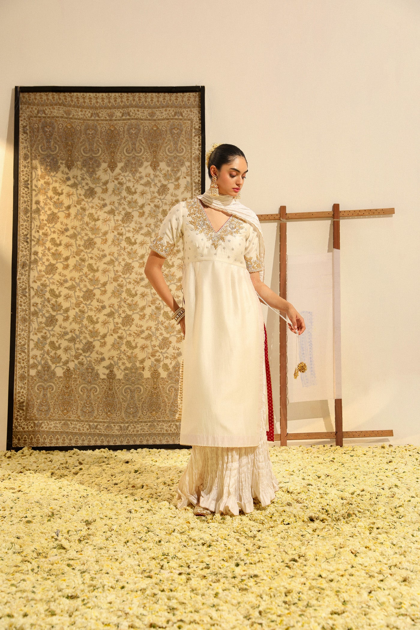 Shahnawaz - Daisy Ivory Hand Embroidered Long kurta with crushed silk skirt and dupatta