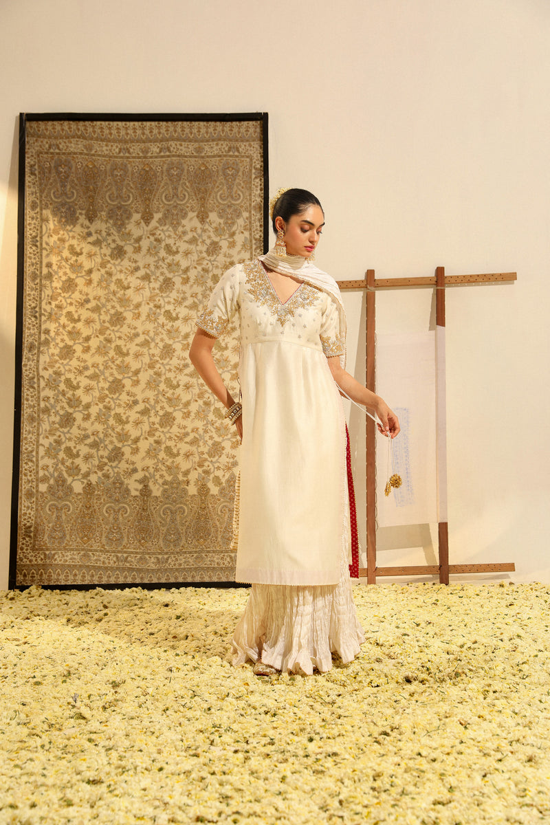 Shahnawaz - Daisy Ivory Hand Embroidered Long kurta with crushed silk skirt and dupatta