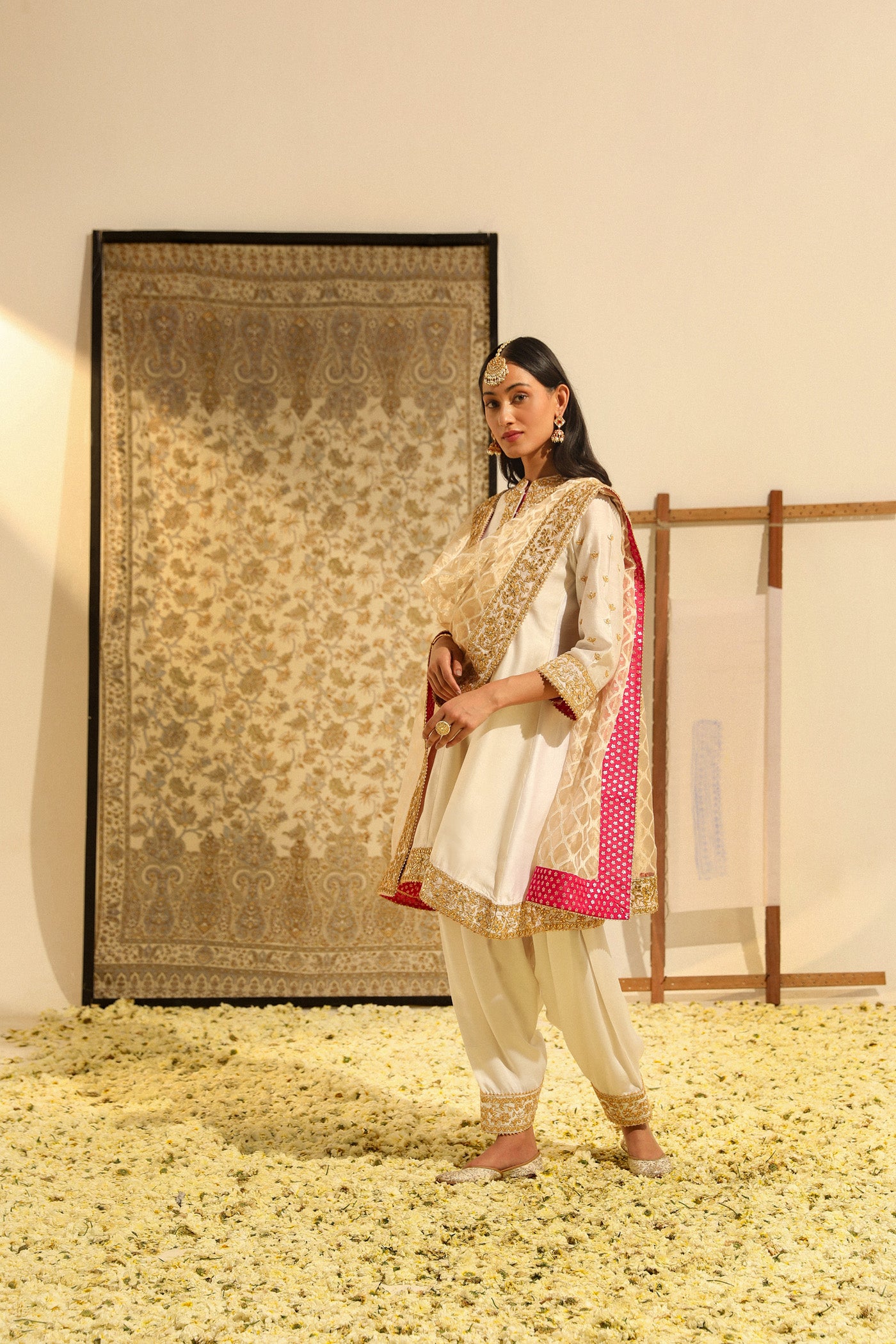 Intezaar - Daisy Ivory Hand Embroidered Short A-line kurta with Salwar and dupatta