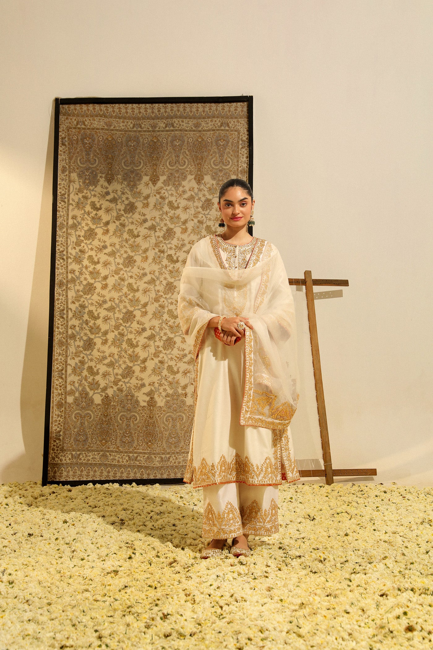 Sahana - Daisy Ivory Hand Embroidered Long kurta with palazzo and dupatta