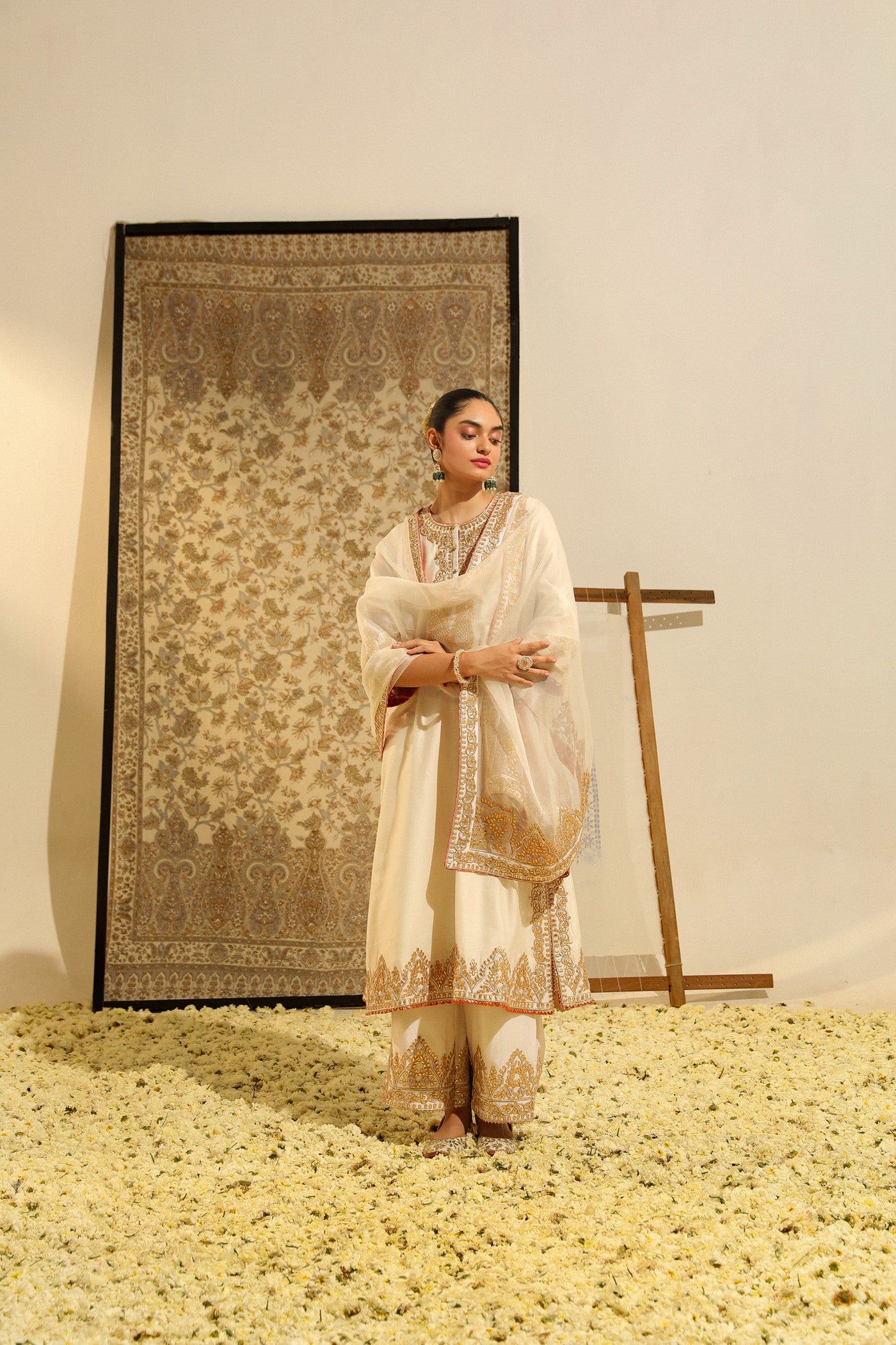 Sahana - Daisy Ivory Hand Embroidered Long kurta with palazzo and dupatta