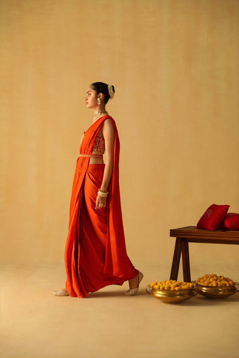 Rumaan - Burnt Orange Drape Saree Set