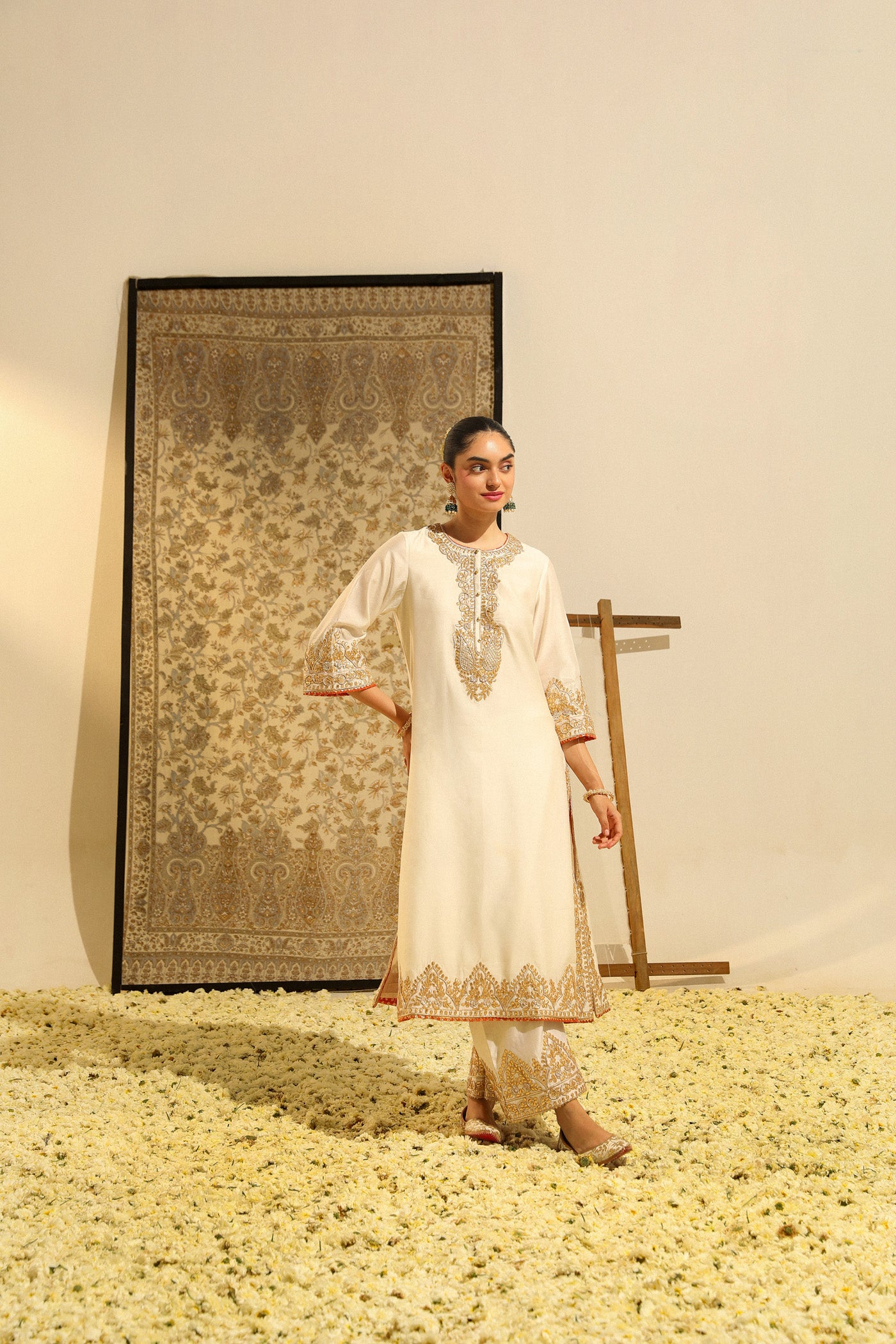 Sahana - Daisy Ivory Hand Embroidered Long kurta with palazzo and dupatta