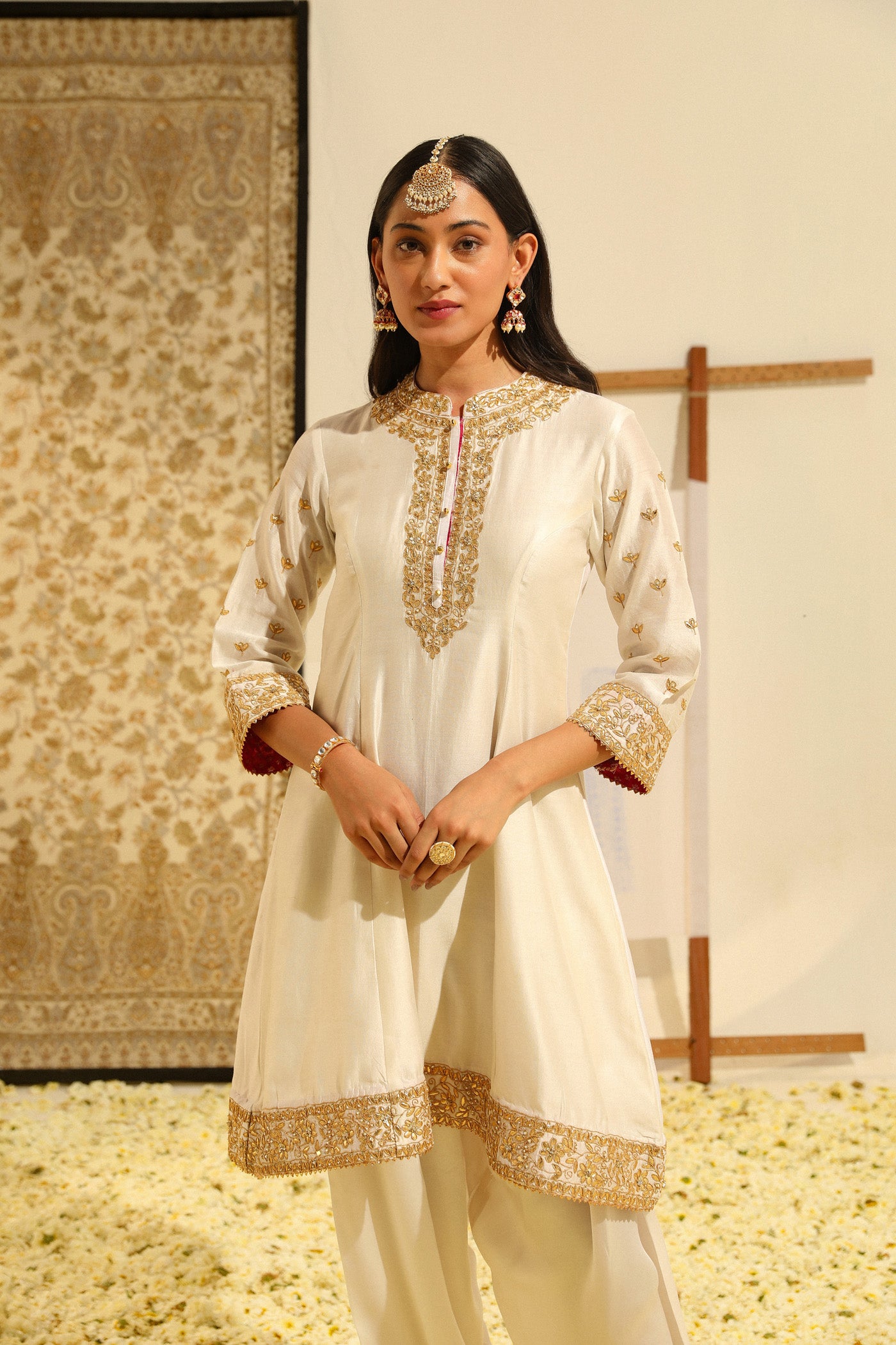 Intezaar - Daisy Ivory Hand Embroidered Short A-line kurta with Salwar and dupatta