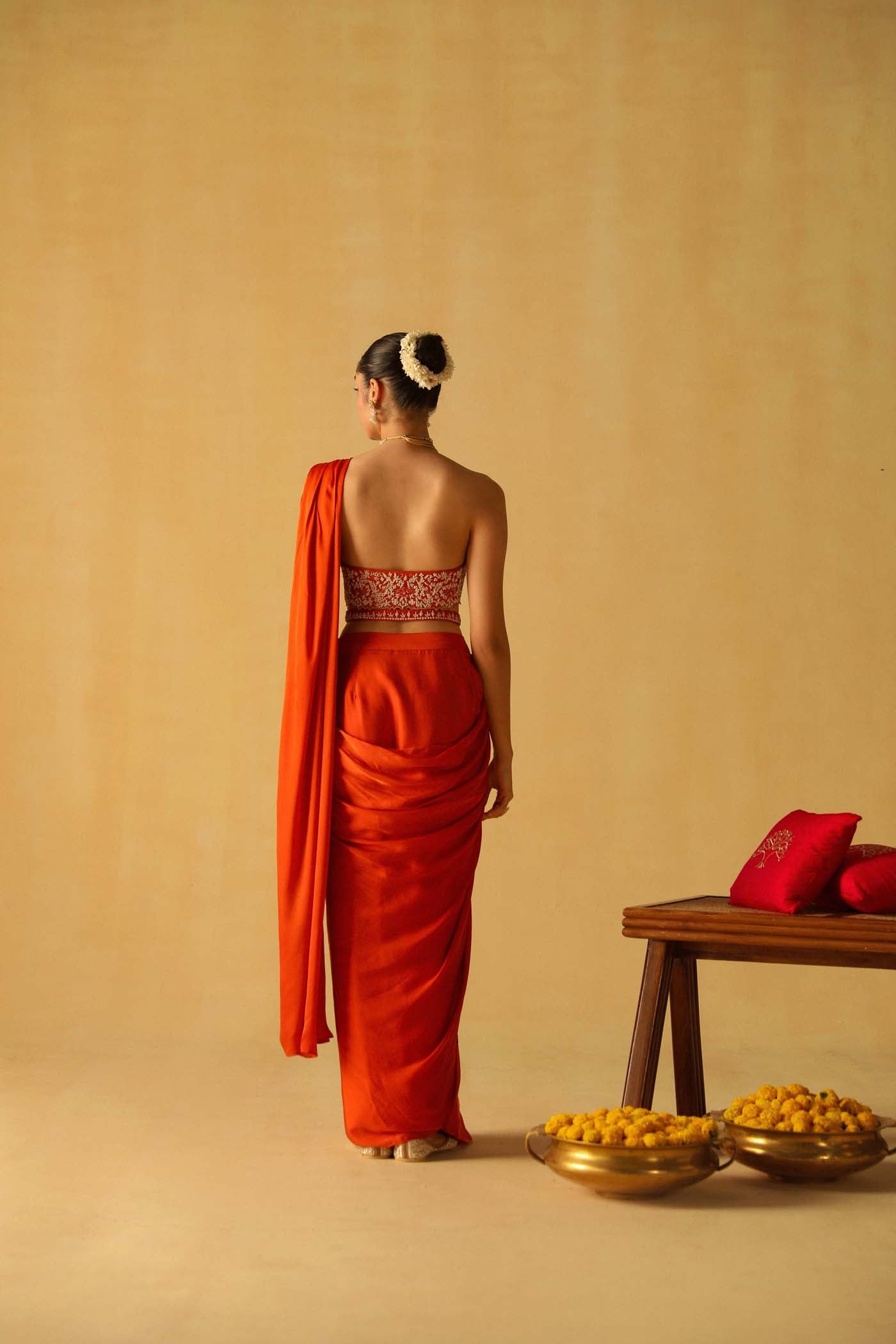 Rumaan - Burnt Orange Drape Saree Set