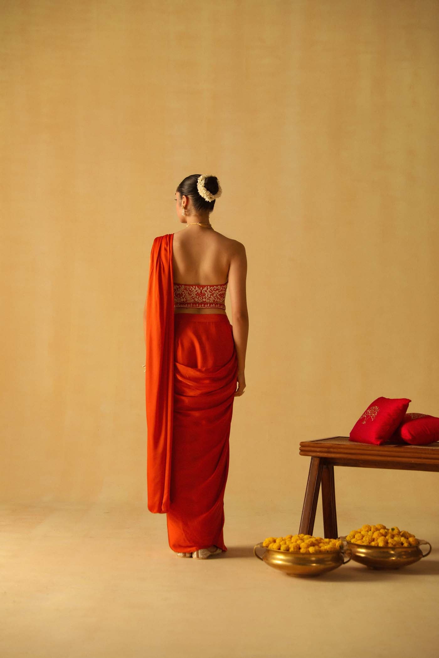 Rumaan - Burnt Orange Drape Saree Set