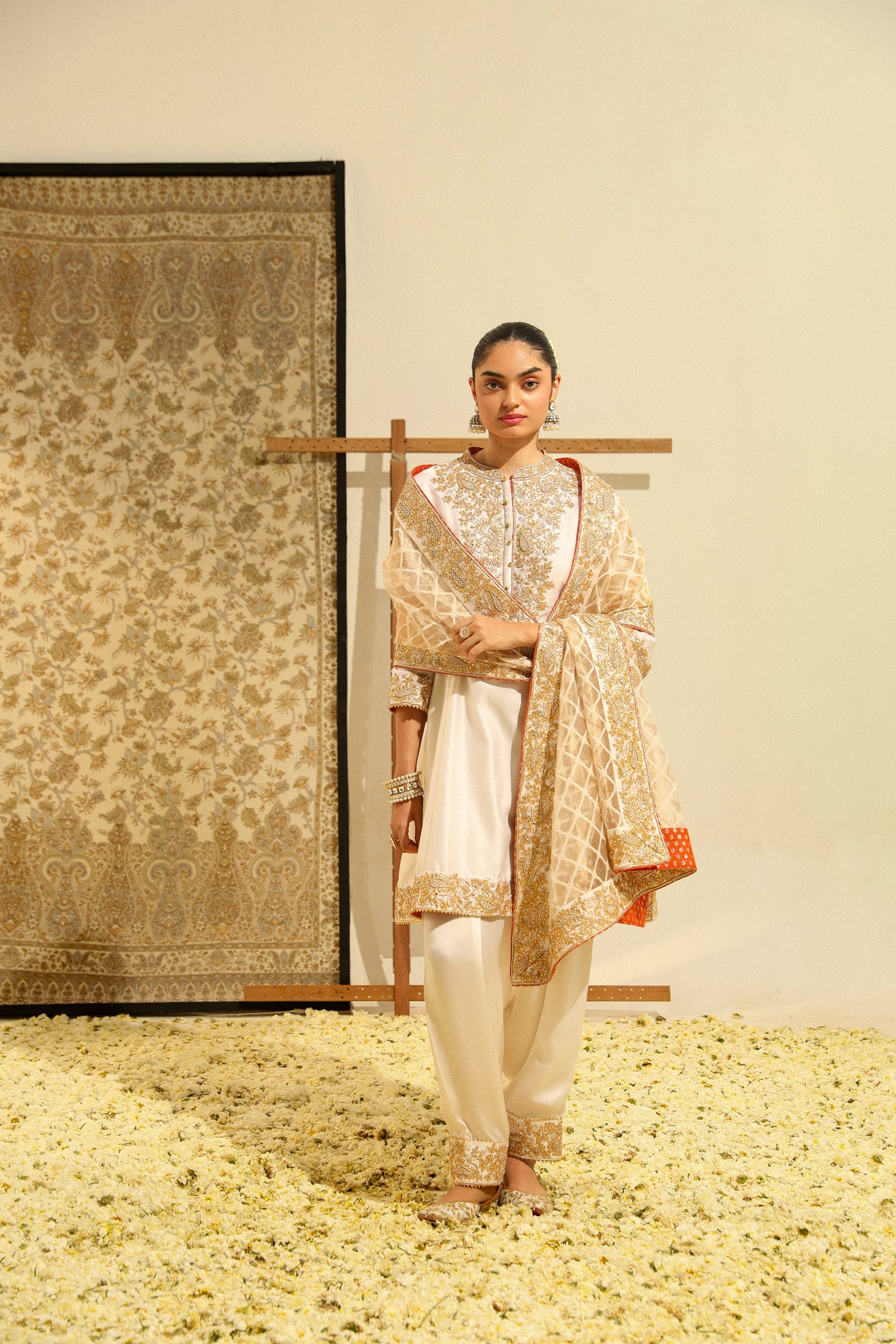 Rajak - Daisy Ivory Hand Embroidered Short A-line kurta with Salwar and dupatta