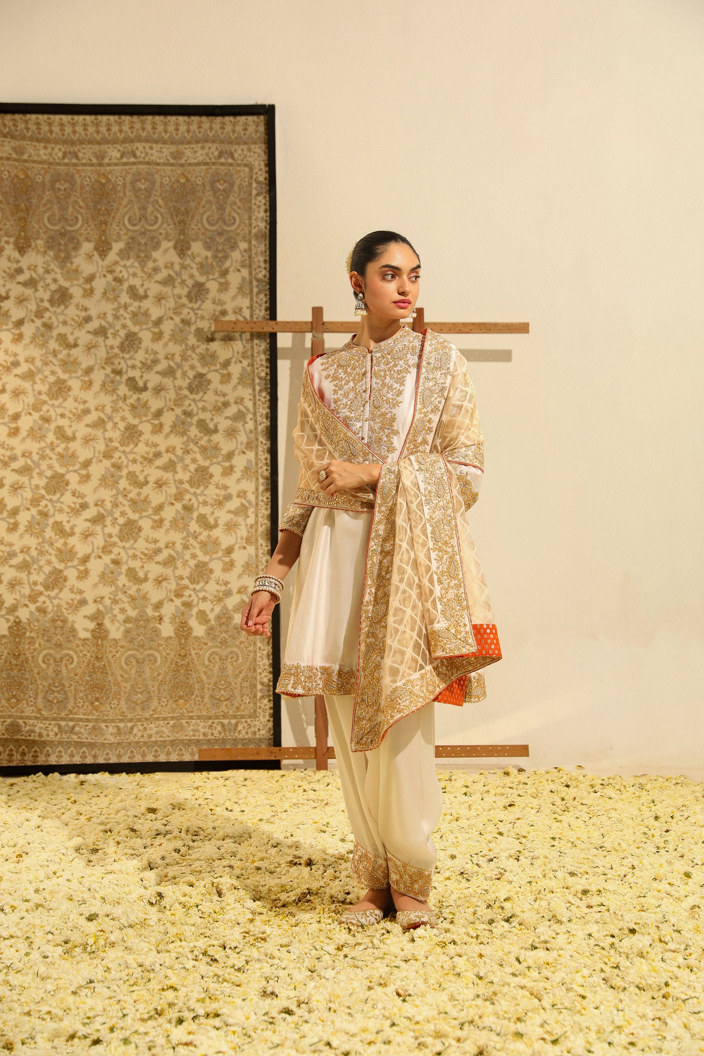 Rajak - Daisy Ivory Hand Embroidered Short A-line kurta with Salwar and dupatta