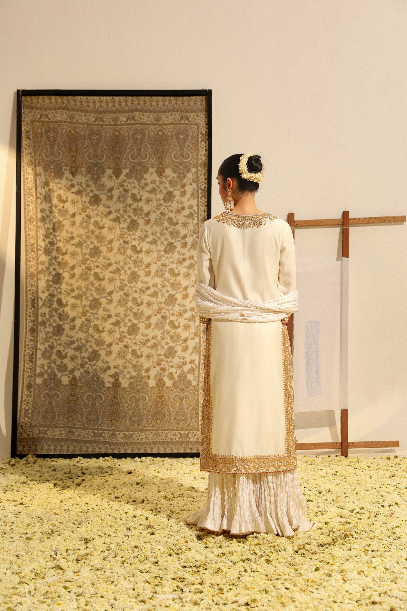 Abbas - Daisy Ivory Hand Embroidered Long kurta with crushed silk skirt and dupatta