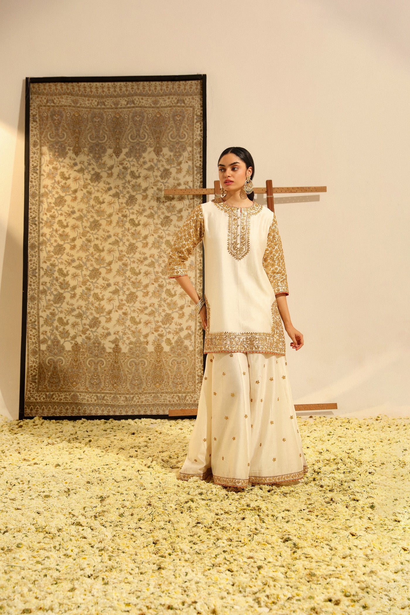 Shadaab - Daisy Ivory Hand Embroidered Kurta with Sharara and Odhni