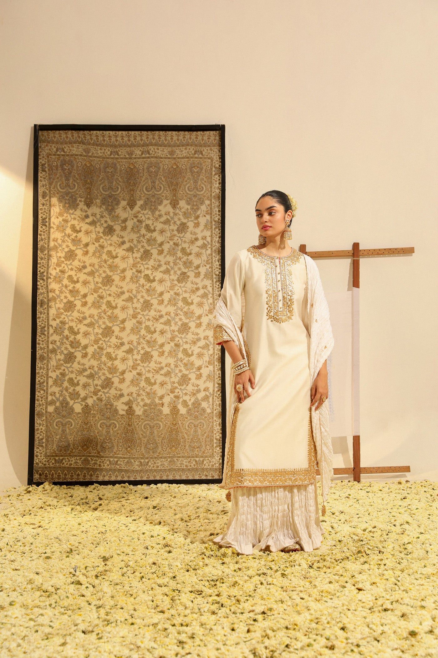 Abbas - Daisy Ivory Hand Embroidered Long kurta with crushed silk skirt and dupatta