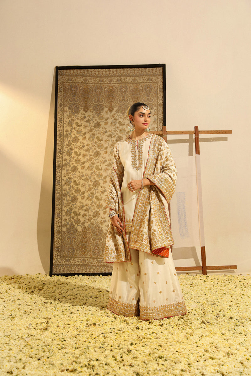Suleman - Daisy Ivory Hand Embroidered Kurta with Sharara and Odhni