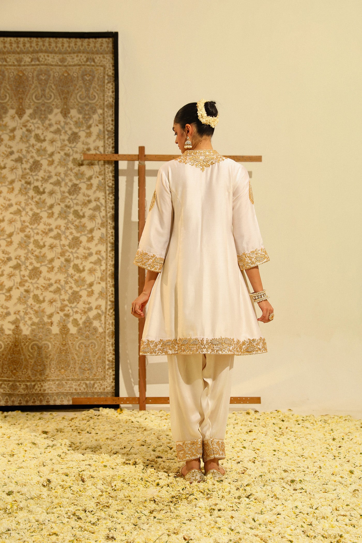 Rajak - Daisy Ivory Hand Embroidered Short A-line kurta with Salwar and dupatta