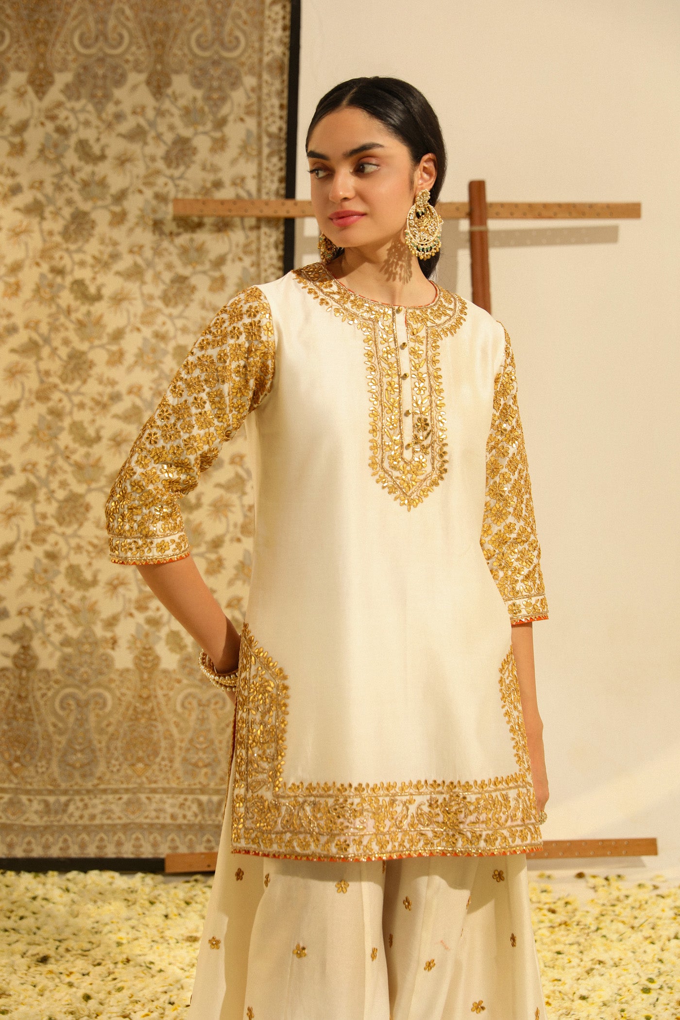 Shadaab - Daisy Ivory Hand Embroidered Kurta with Sharara and Odhni