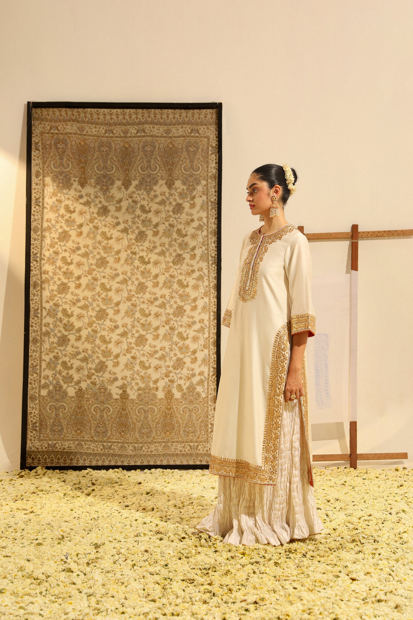 Abbas - Daisy Ivory Hand Embroidered Long kurta with crushed silk skirt and dupatta