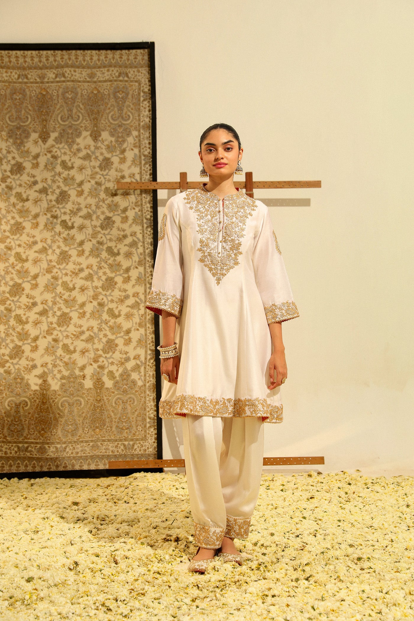 Rajak - Daisy Ivory Hand Embroidered Short A-line kurta with Salwar and dupatta