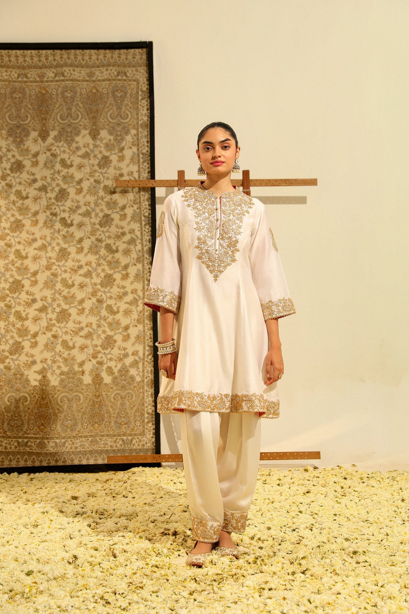 Rajak - Daisy Ivory Hand Embroidered Short A-line kurta with Salwar and dupatta (Lxrts)