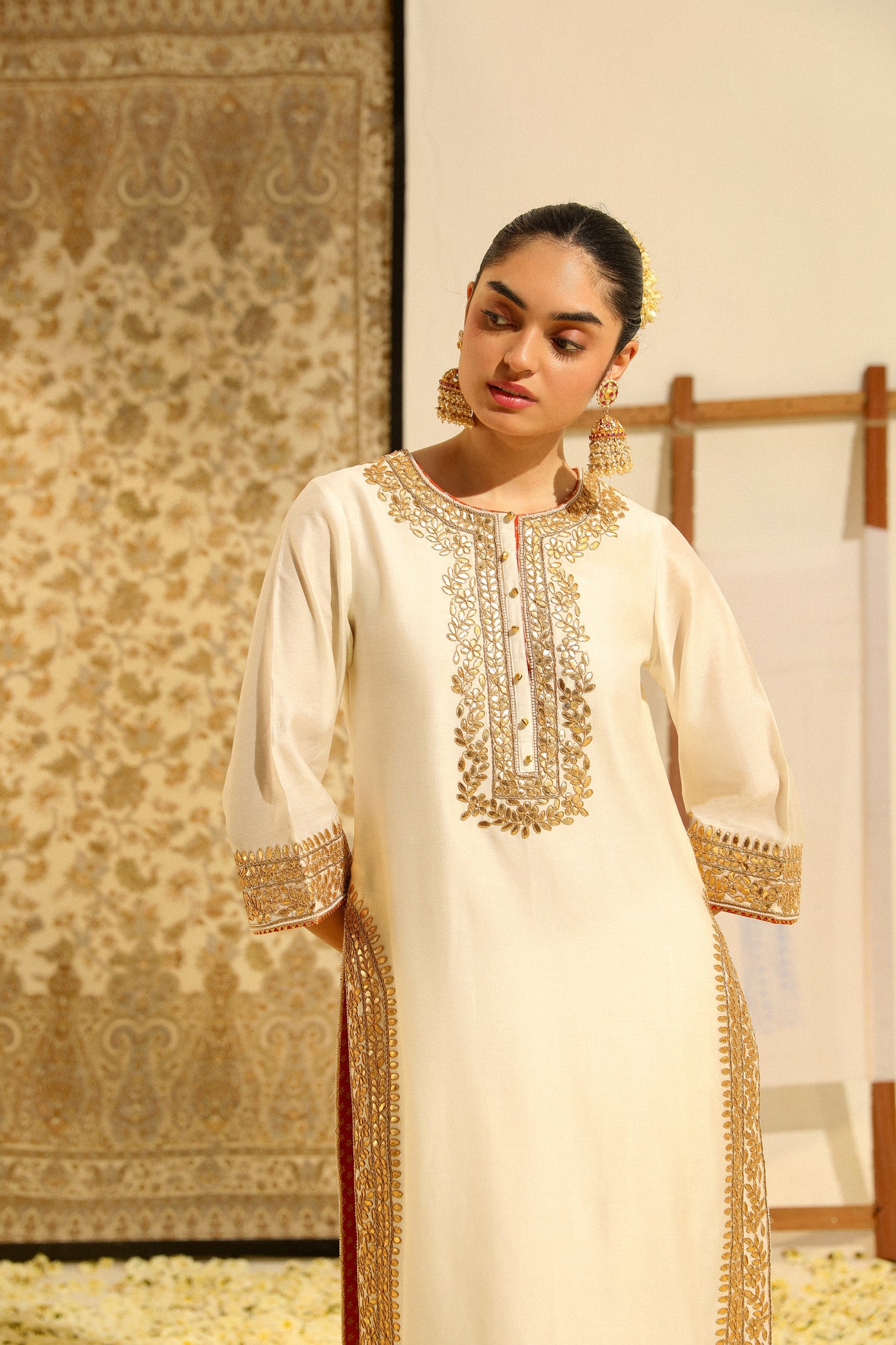 Abbas - Daisy Ivory Hand Embroidered Long kurta with crushed silk skirt and dupatta