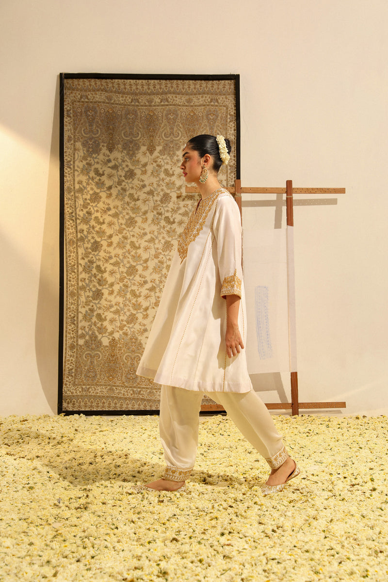 Shaheen - Daisy Ivory Hand Embroidered Short Choga with Salwar